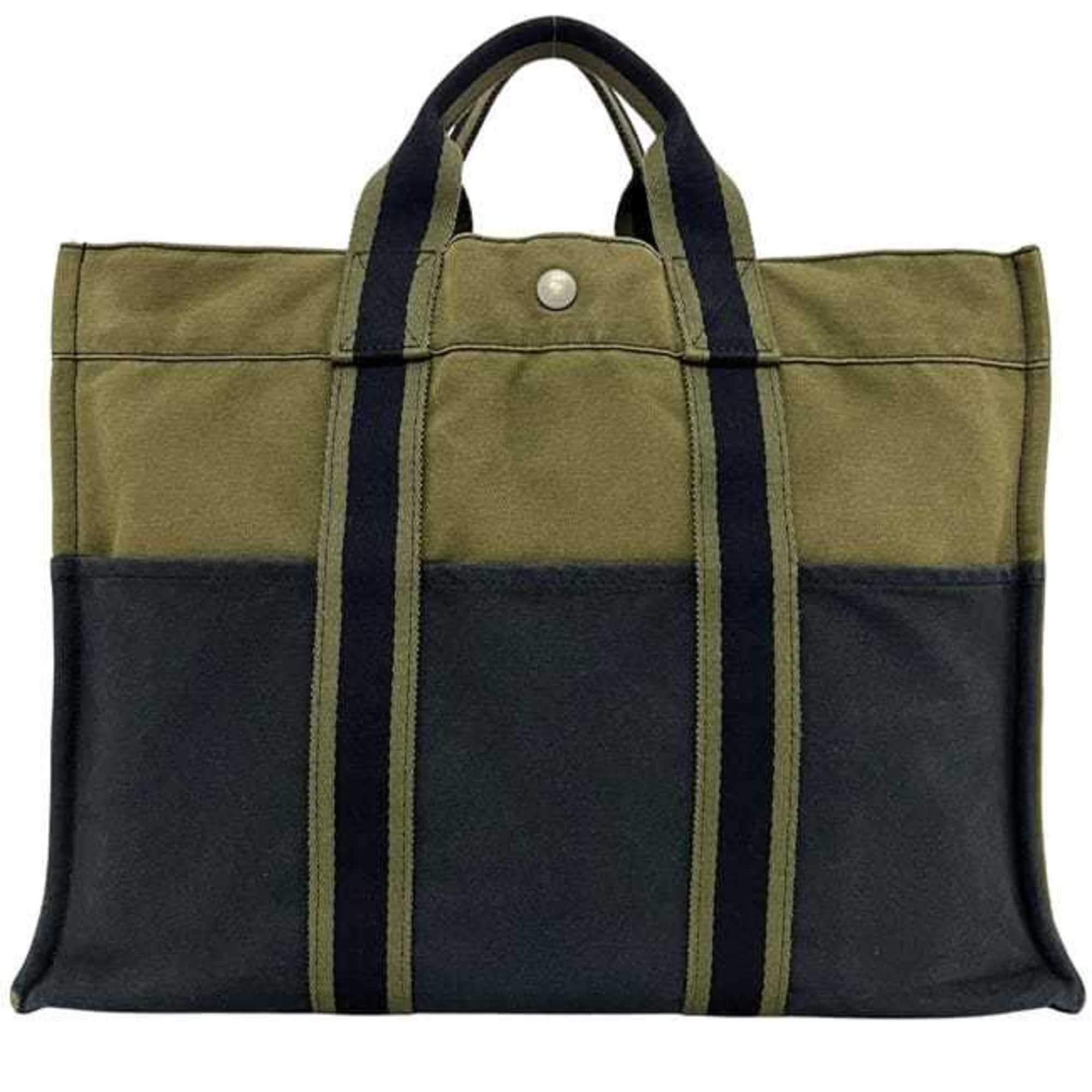 Hermes Green Khaki Navy Canvas Tote Bag (Pre-Owned)