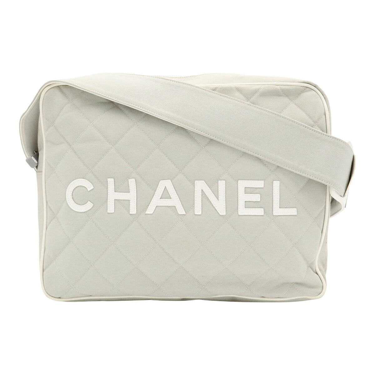 Chanel Gray White Canvas Leather Shoulder Bag (Pre-Owned)