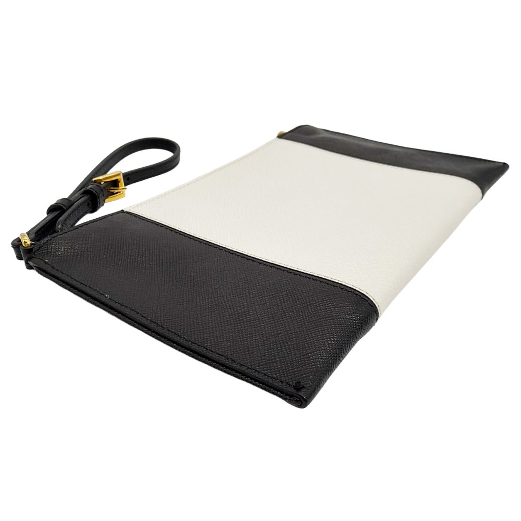 Prada Black White Leather Clutch Bag Handbag Pouch (Pre-Owned)