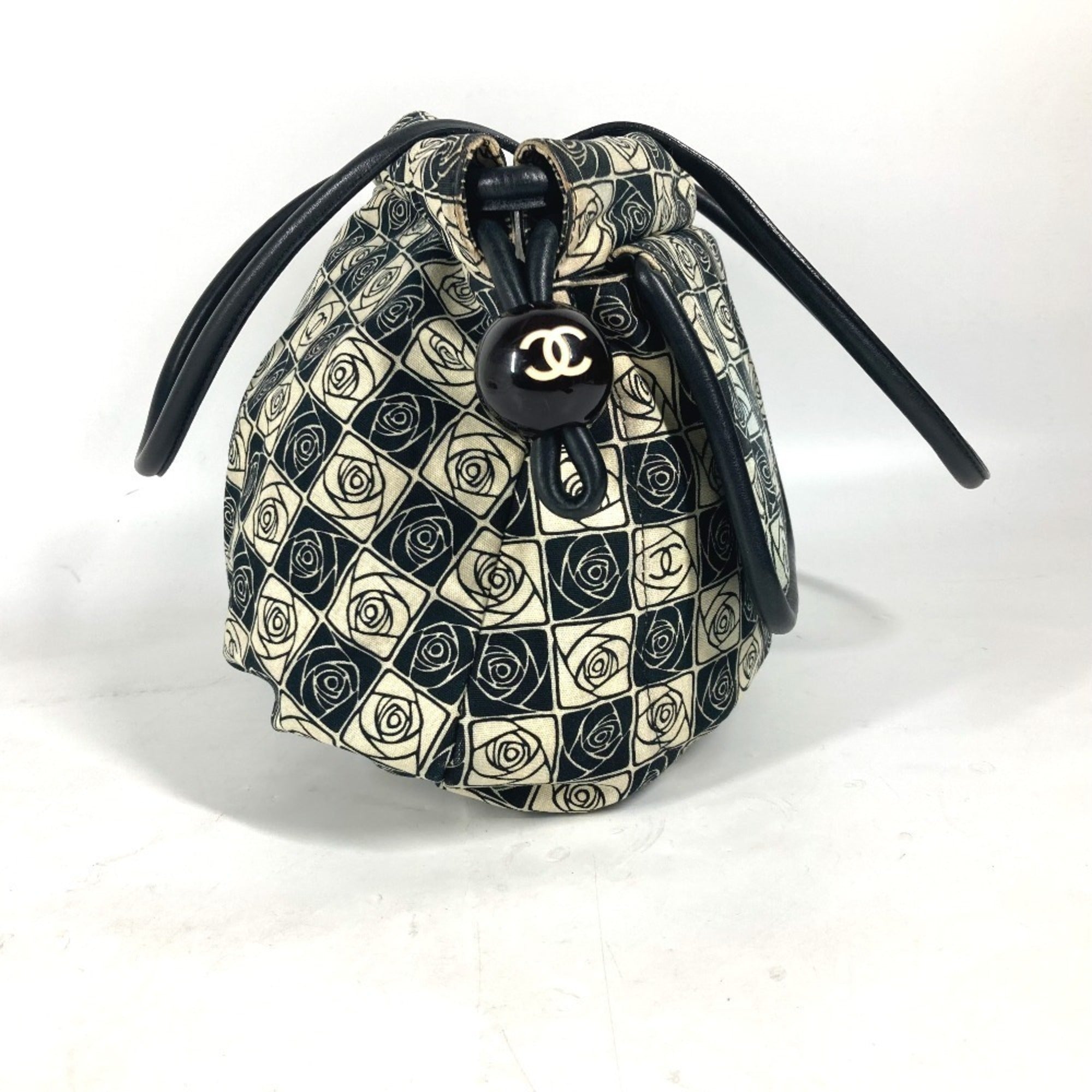 Chanel Beige Black Leather Canvas Shoulder Bag Tote Bag (Pre-Owned)