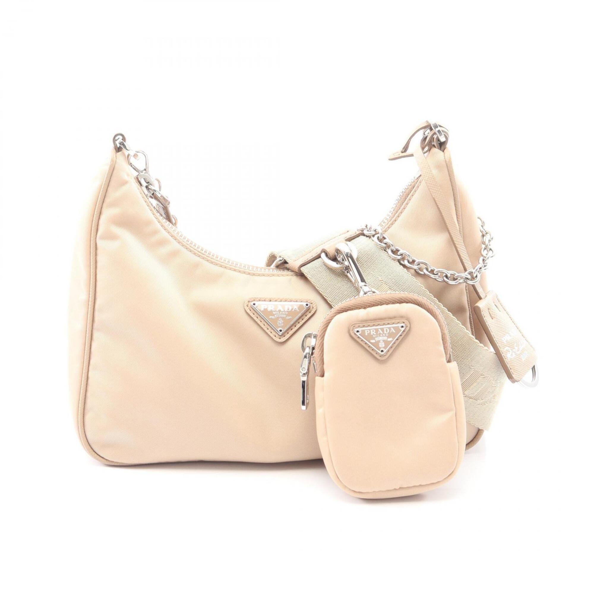 Prada Beige Nylon Leather Handbag Pouch Shoulder Bag (Pre-Owned)