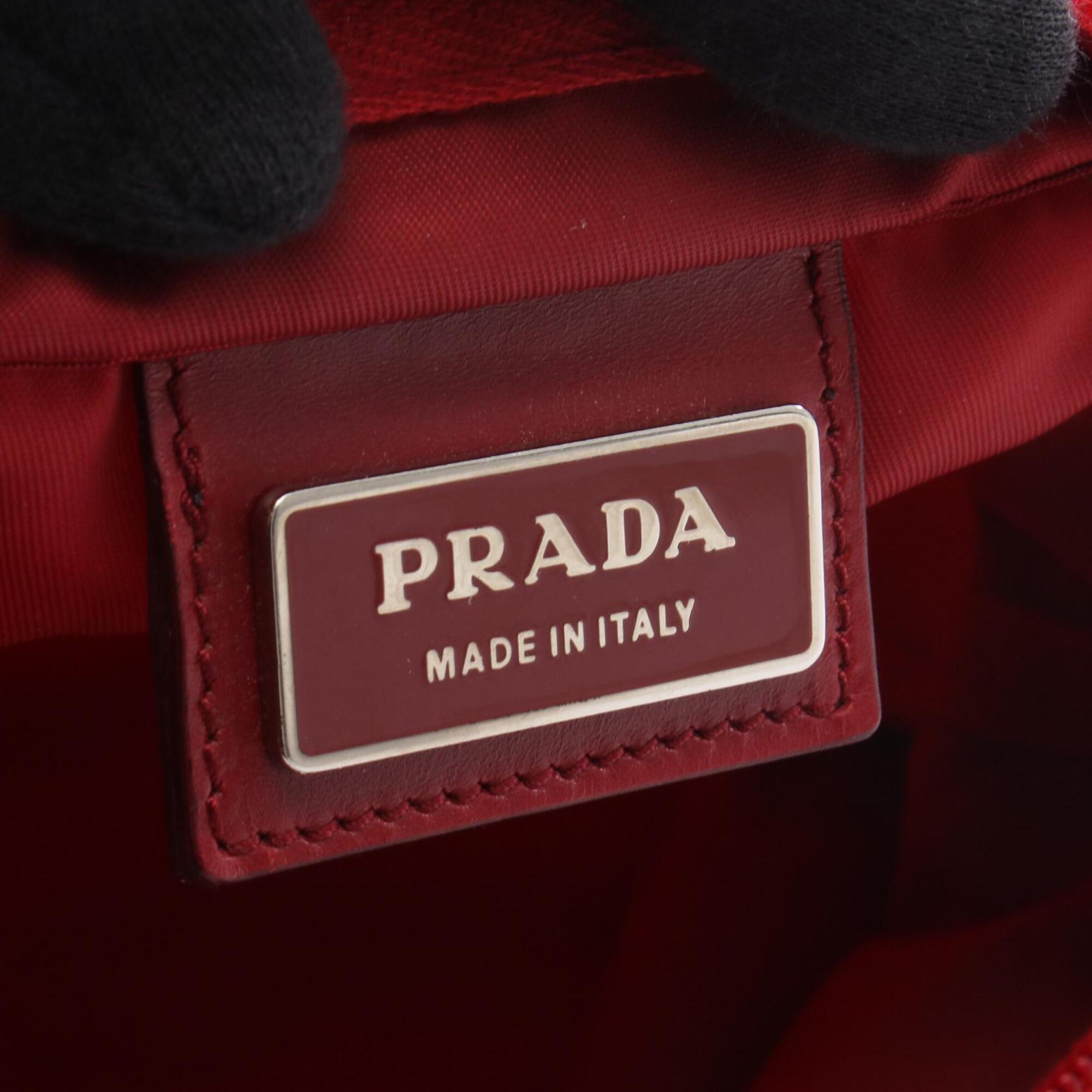 Prada Red Color Nylon Leather Handbag Shoulder Bag (Pre-Owned)