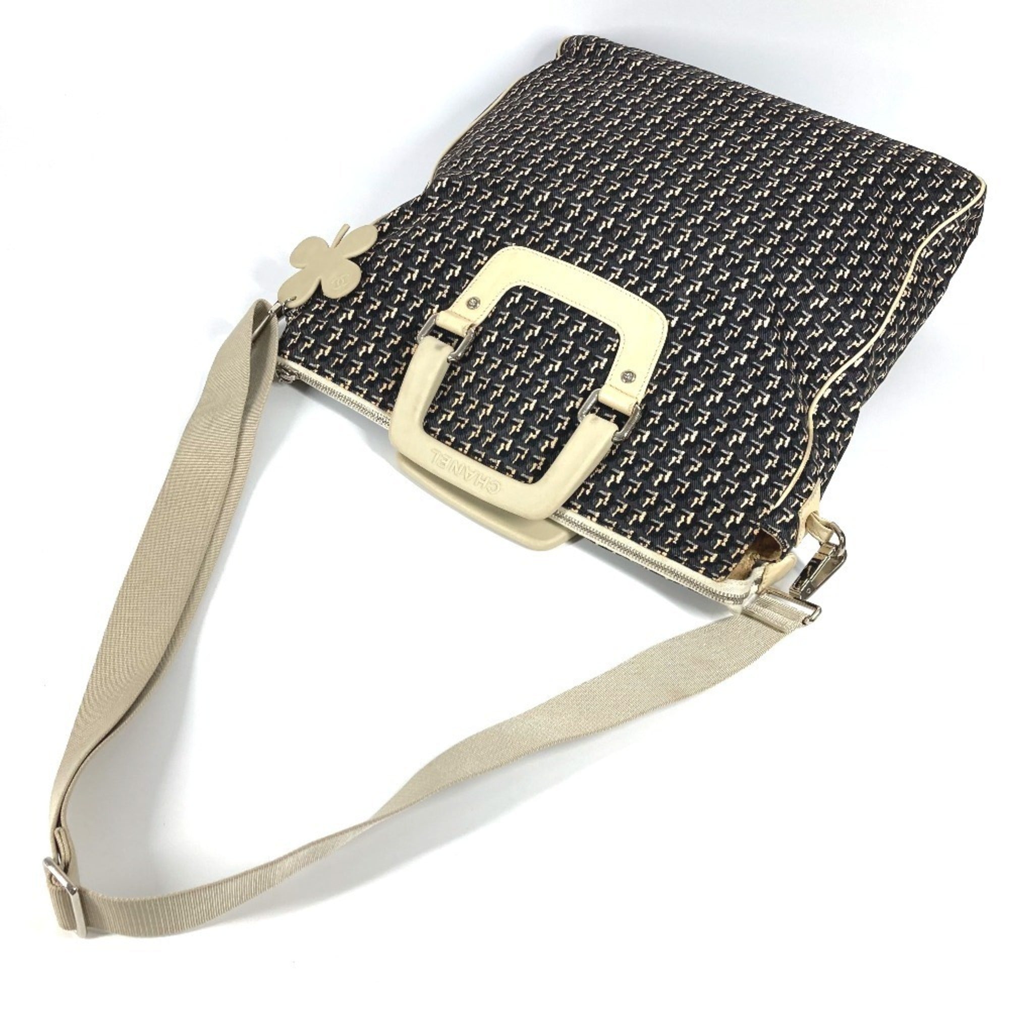 Chanel Beige Black Canvas Leather Handbag Shoulder Bag (Pre-Owned)