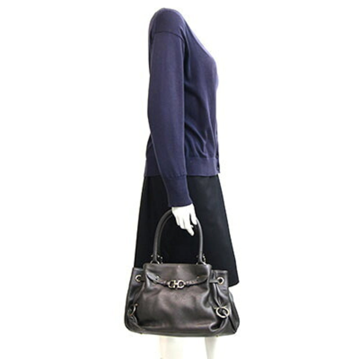 Salvatore Ferragamo Gancini Charcoal Gray Leather Handbag (Pre-Owned)