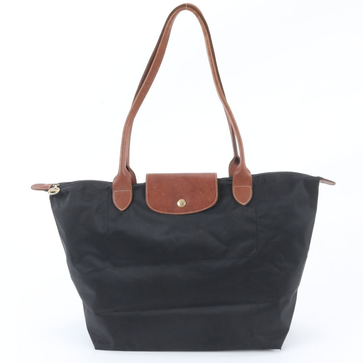 Longchamp Le Pliage Black Leather Nylon Shoulder Bag Tote Bag (Pre-Owned)