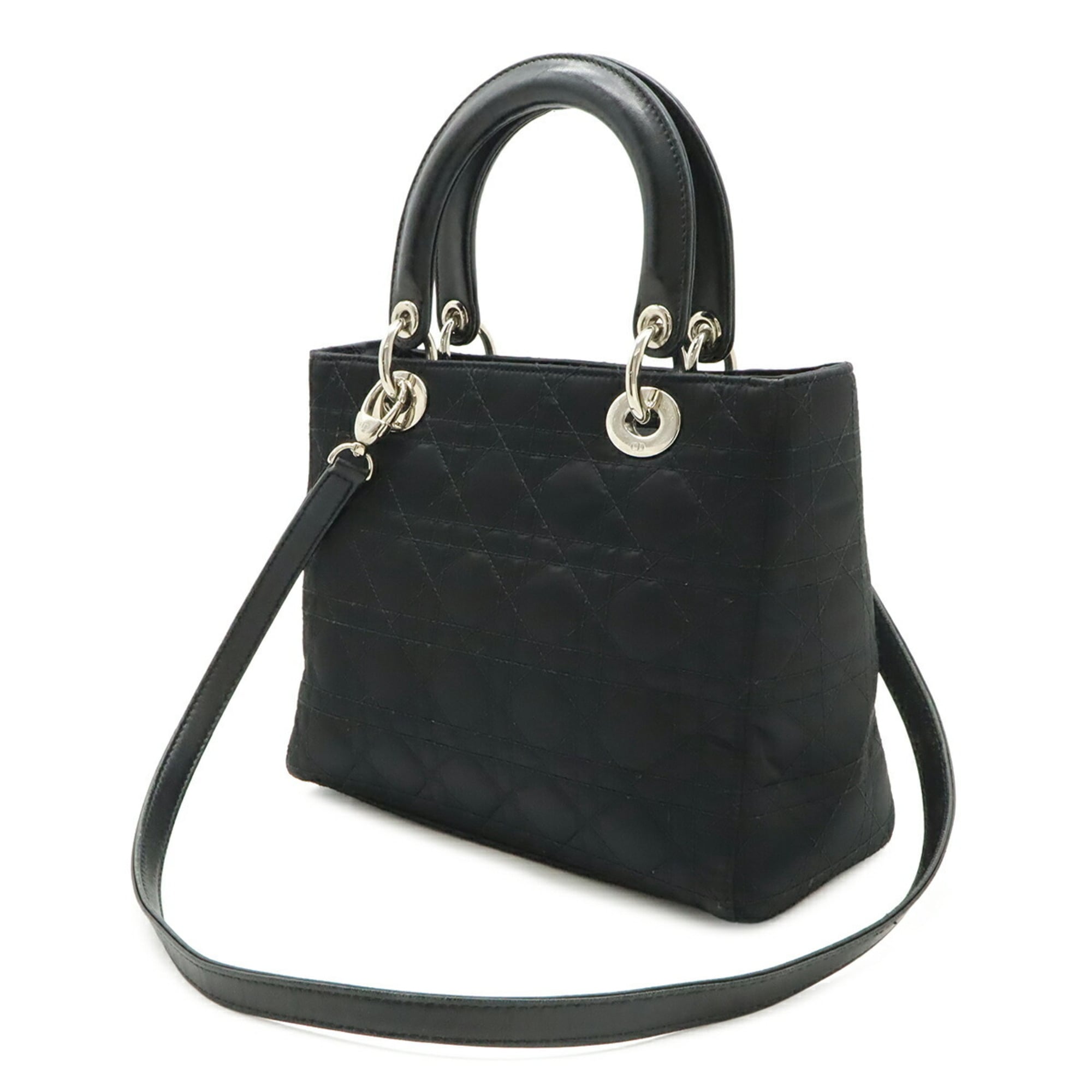 Christian Dior Lady Dior Black Satin Leather Handbag Shoulder Bag (Pre-Owned)