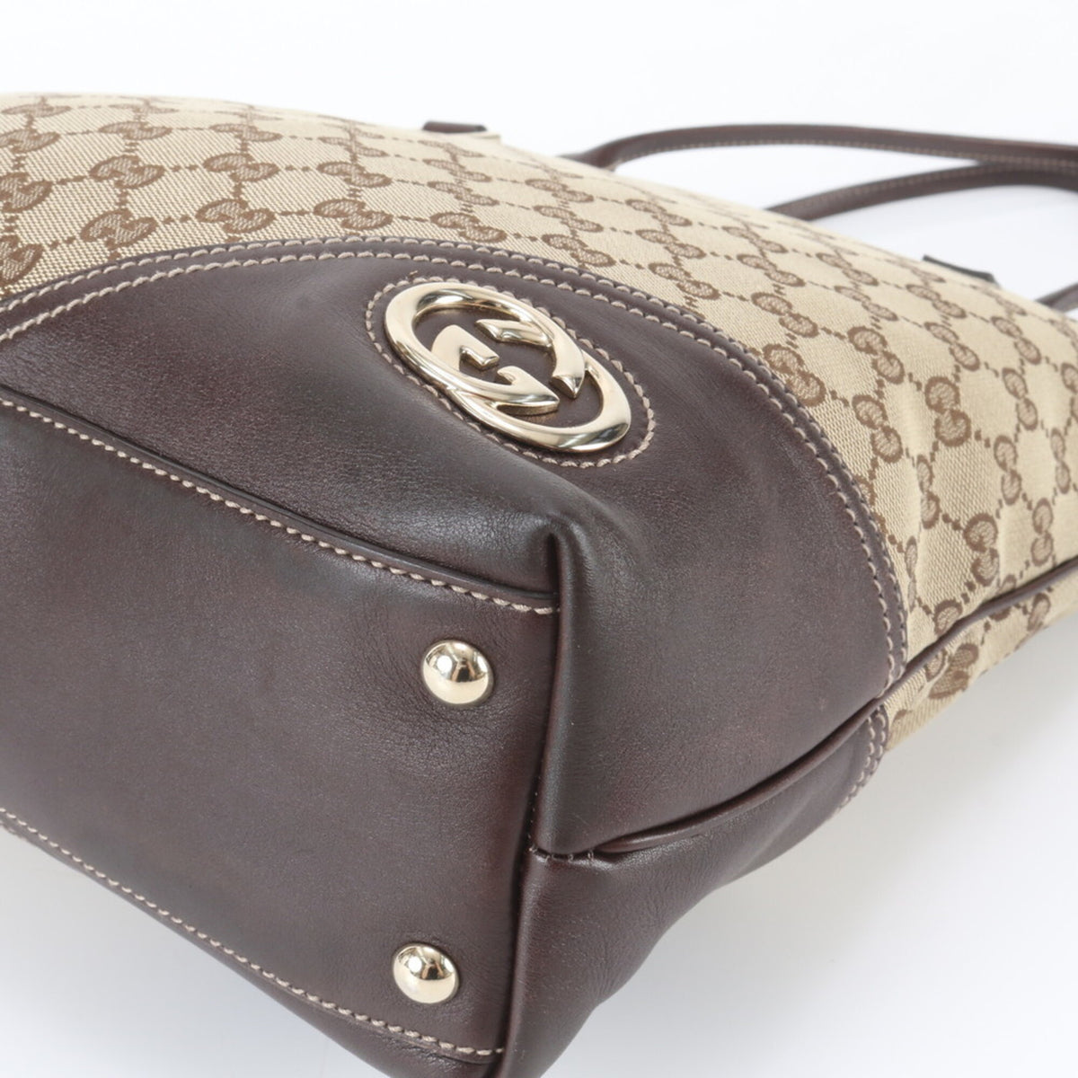 Gucci Brown Leather Canvas Handbag Shoulder Bag Tote Bag (Pre-Owned)