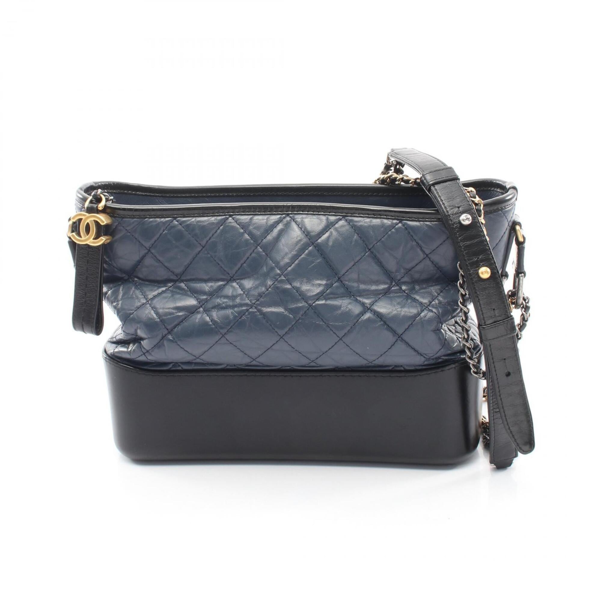 Chanel Black Navy Leather Handbag Shoulder Bag (Pre-Owned)