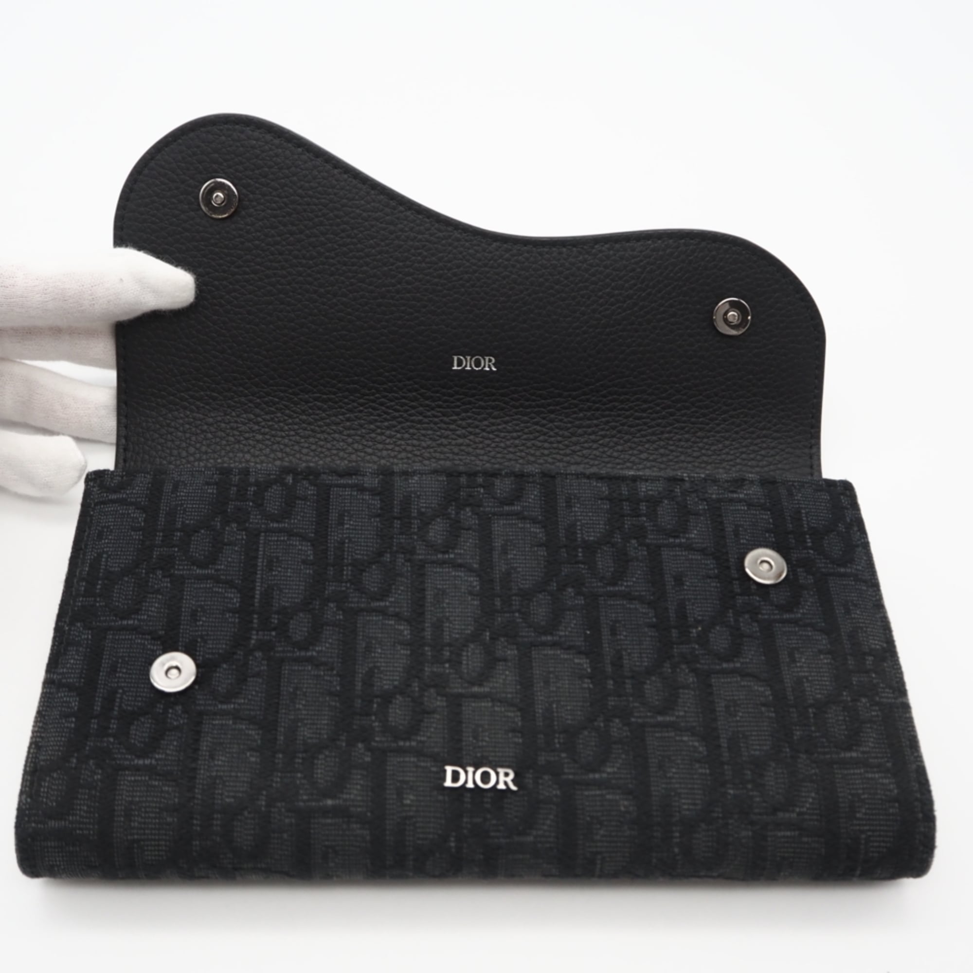 Christian Dior Black Gray Leather Canvas Long Wallet (Bi-Fold) (Pre-Owned)