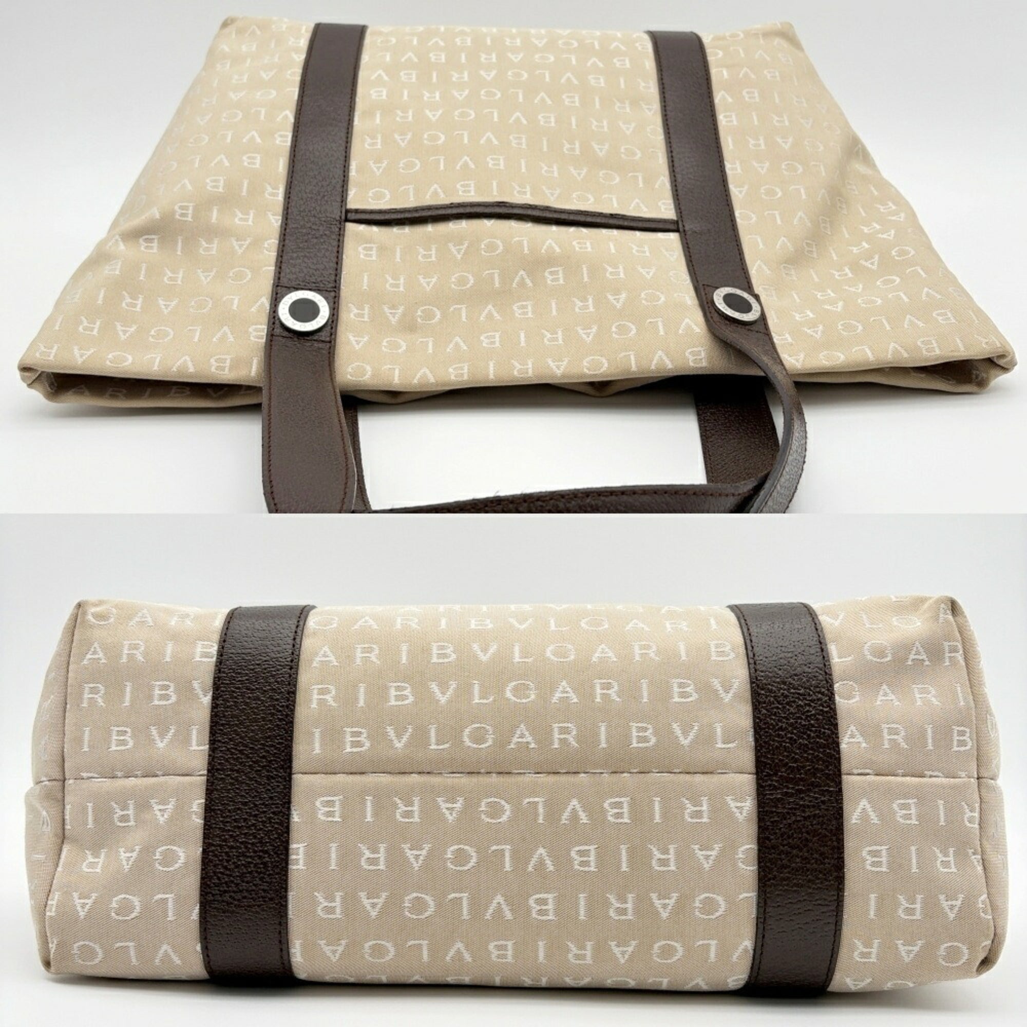 Bvlgari Beige Brown Canvas Leather Tote Bag (Pre-Owned)