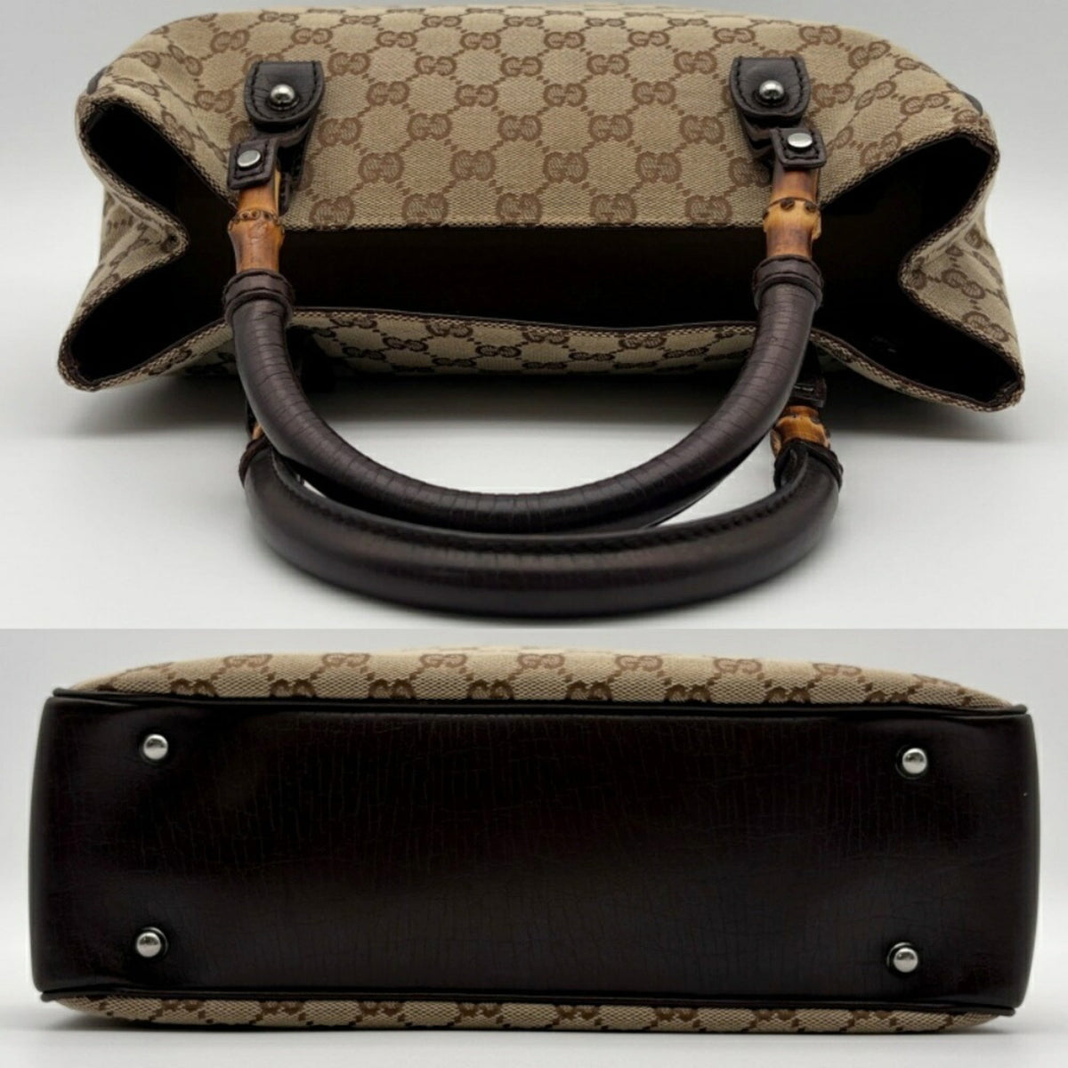 Gucci Beige Brown Bamboo Canvas Leather Tote Bag (Pre-Owned)