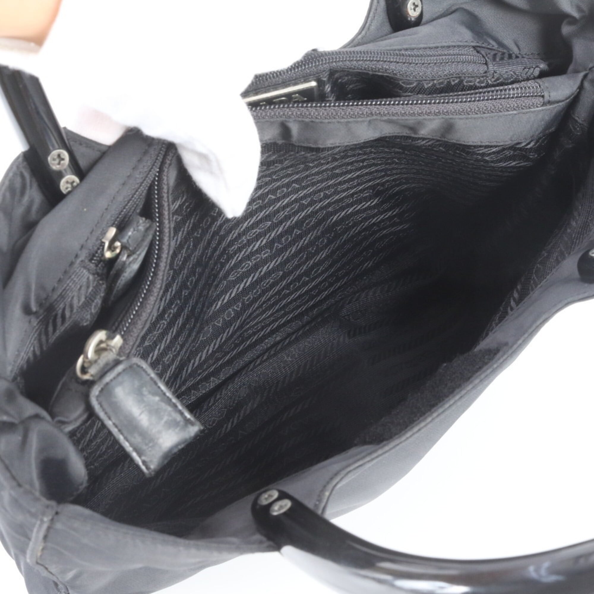 Prada Black Nylon Leather Handbag Tote Bag (Pre-Owned)