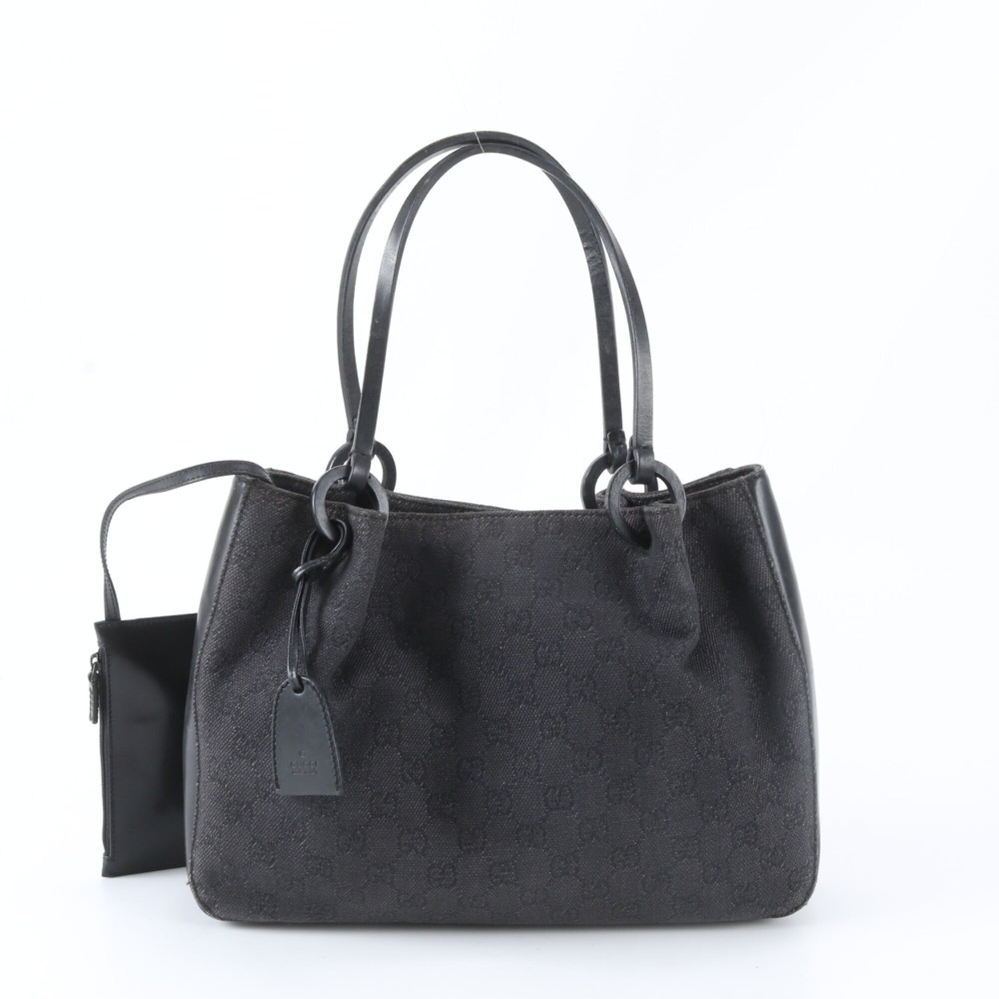 Gucci Black Leather Canvas Handbag Pouch (Pre-Owned)