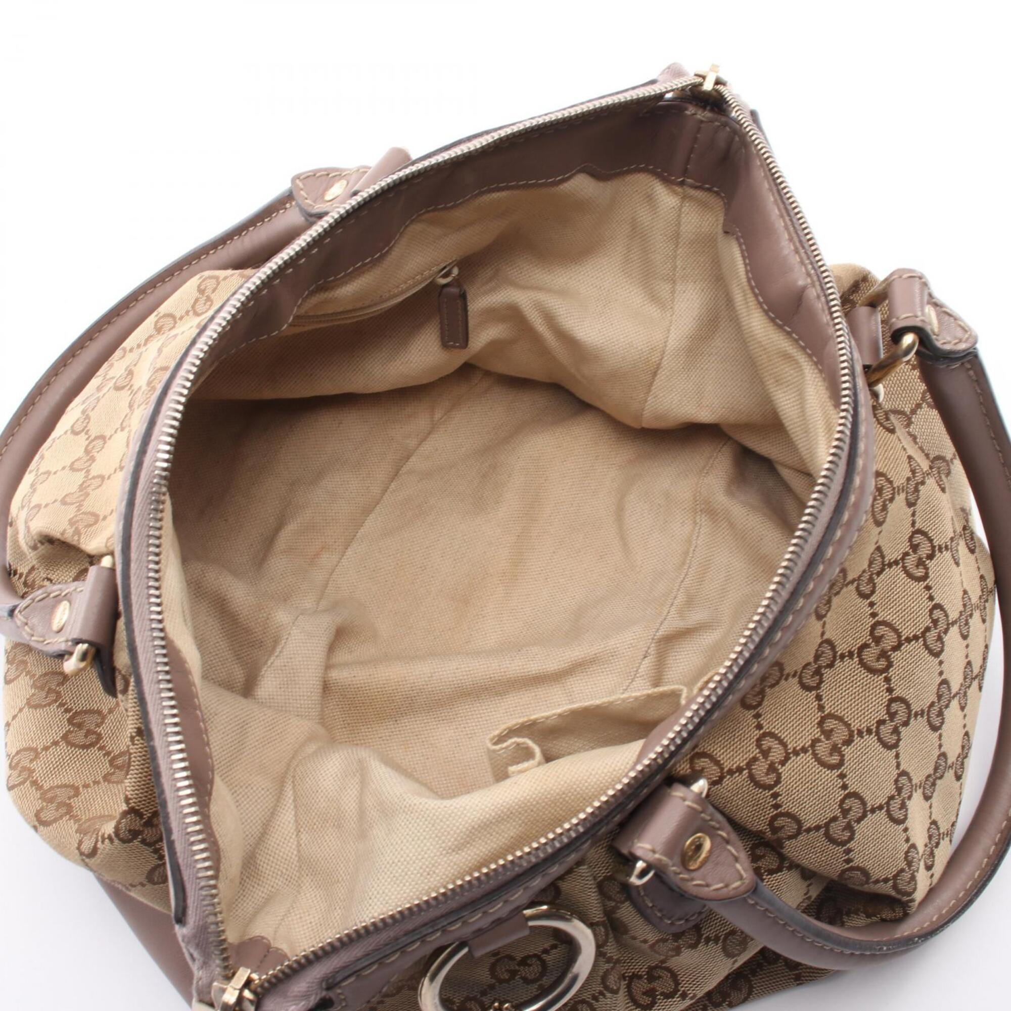 Gucci Beige Gray Canvas Leather Handbag (Pre-Owned)