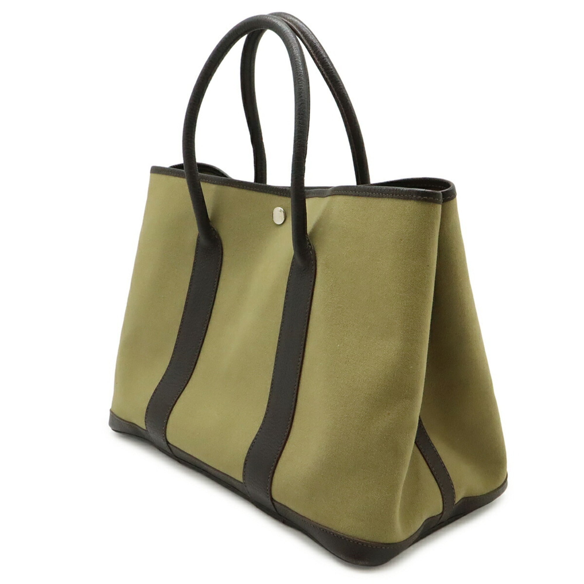 Hermes Garden Dark Brown Khaki Canvas Leather Handbag Tote Bag (Pre-Owned)