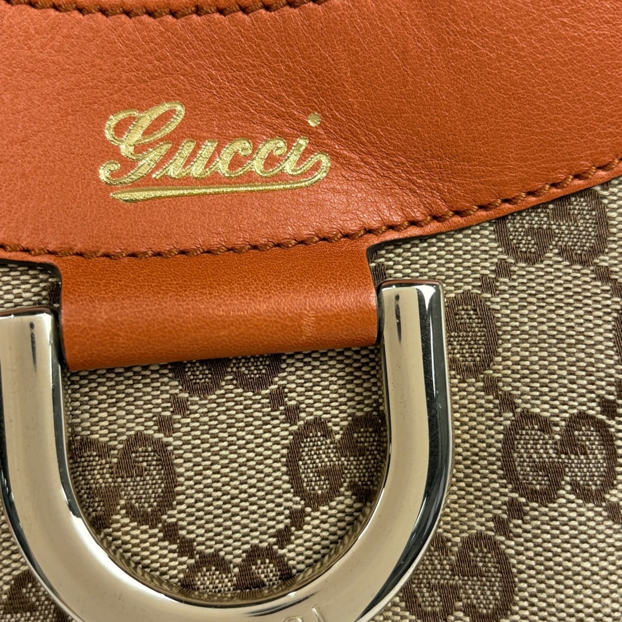 Gucci Gg Canvas Beige Orange Gg Canvas Leather Shoulder Bag (Pre-Owned)