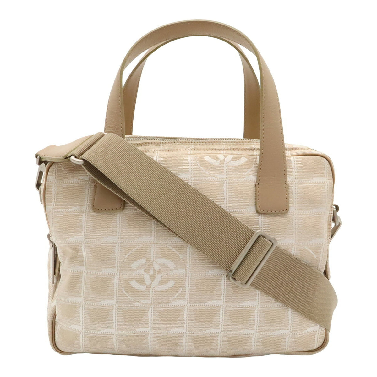 Chanel Beige Nylon Leather Handbag Shoulder Bag Tote Bag (Pre-Owned)