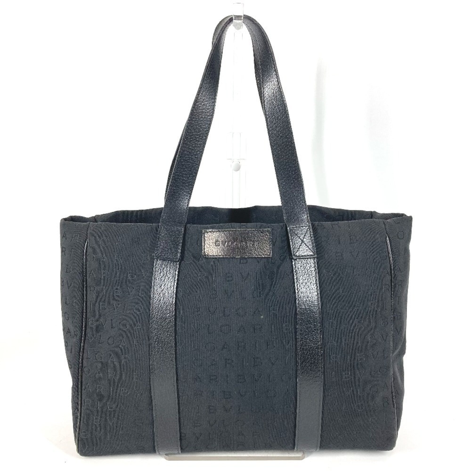 Bvlgari Logomania Black Leather Canvas Shoulder Bag Tote Bag (Pre-Owned)