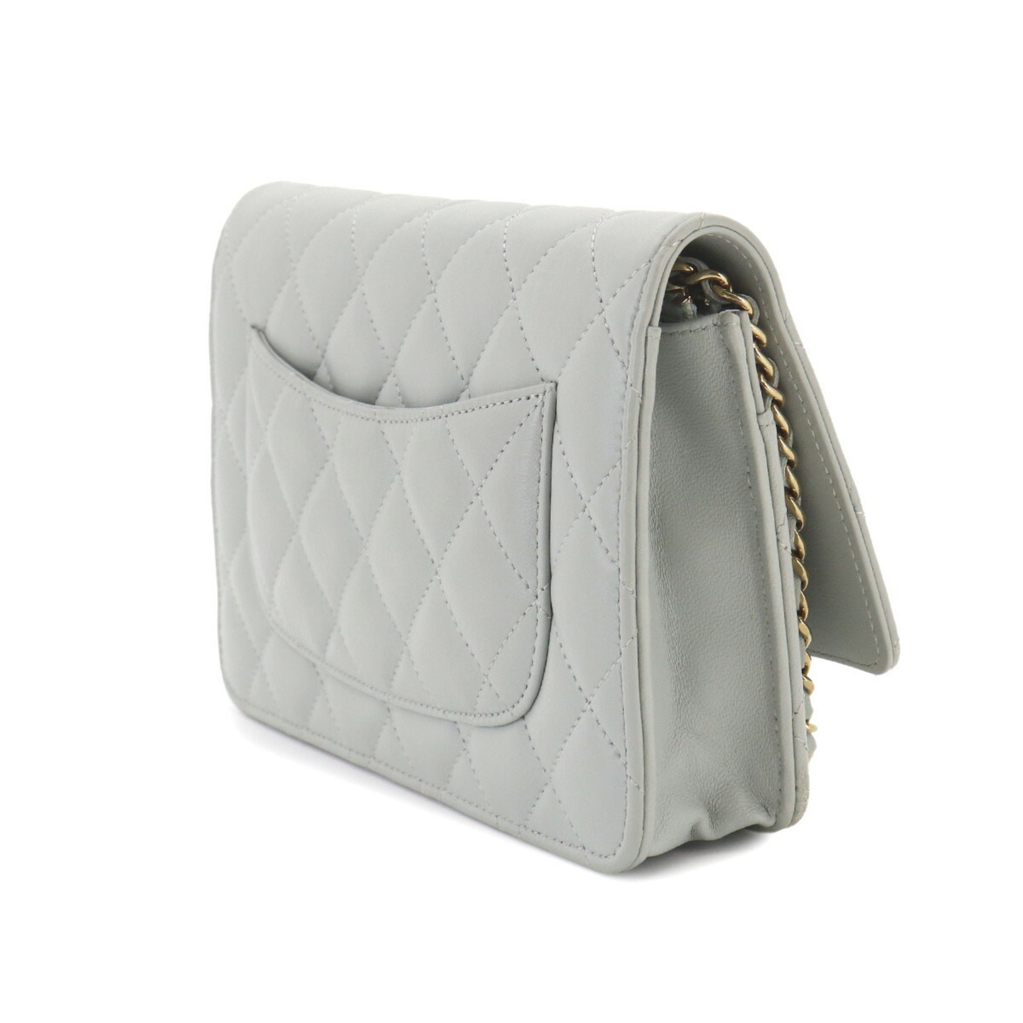 Chanel Light Gray Leather Chain/Shoulder Wallet (Pre-Owned)