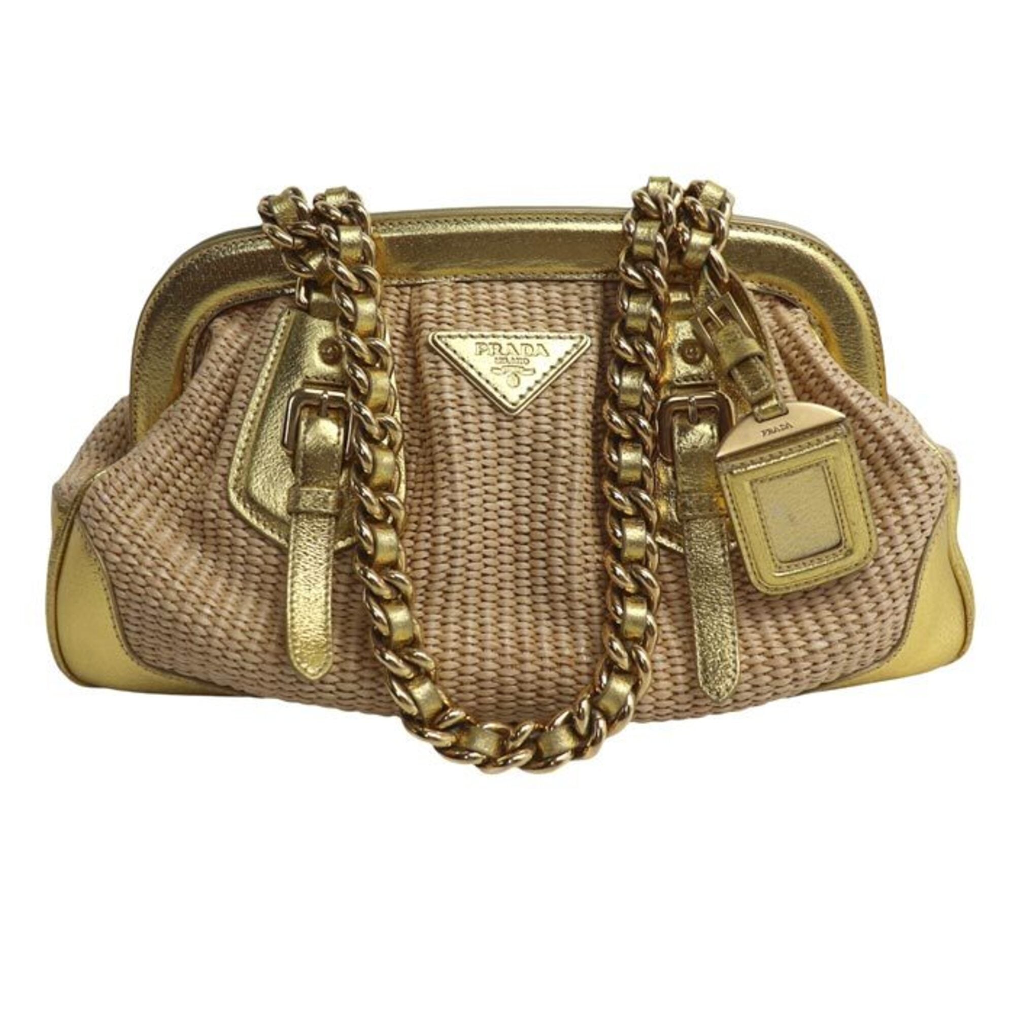 Prada Beige Gold Straw Leather Handbag (Pre-Owned)
