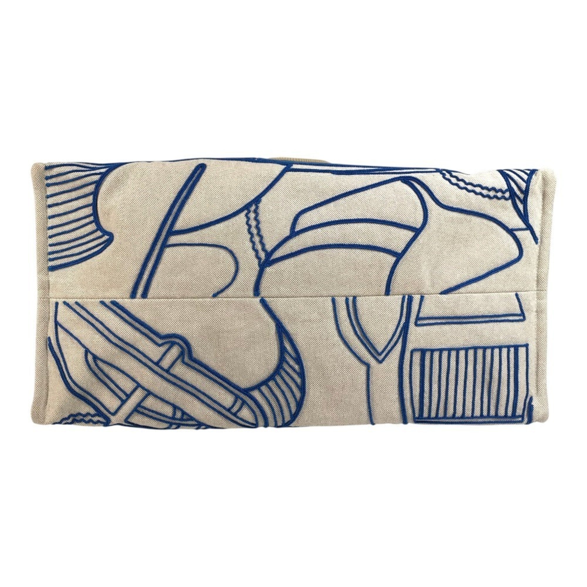 Hermes Beige Blue Cotton Beach Bag Boston Bag Handbag Shoulder Bag Tote Bag (Pre-Owned)