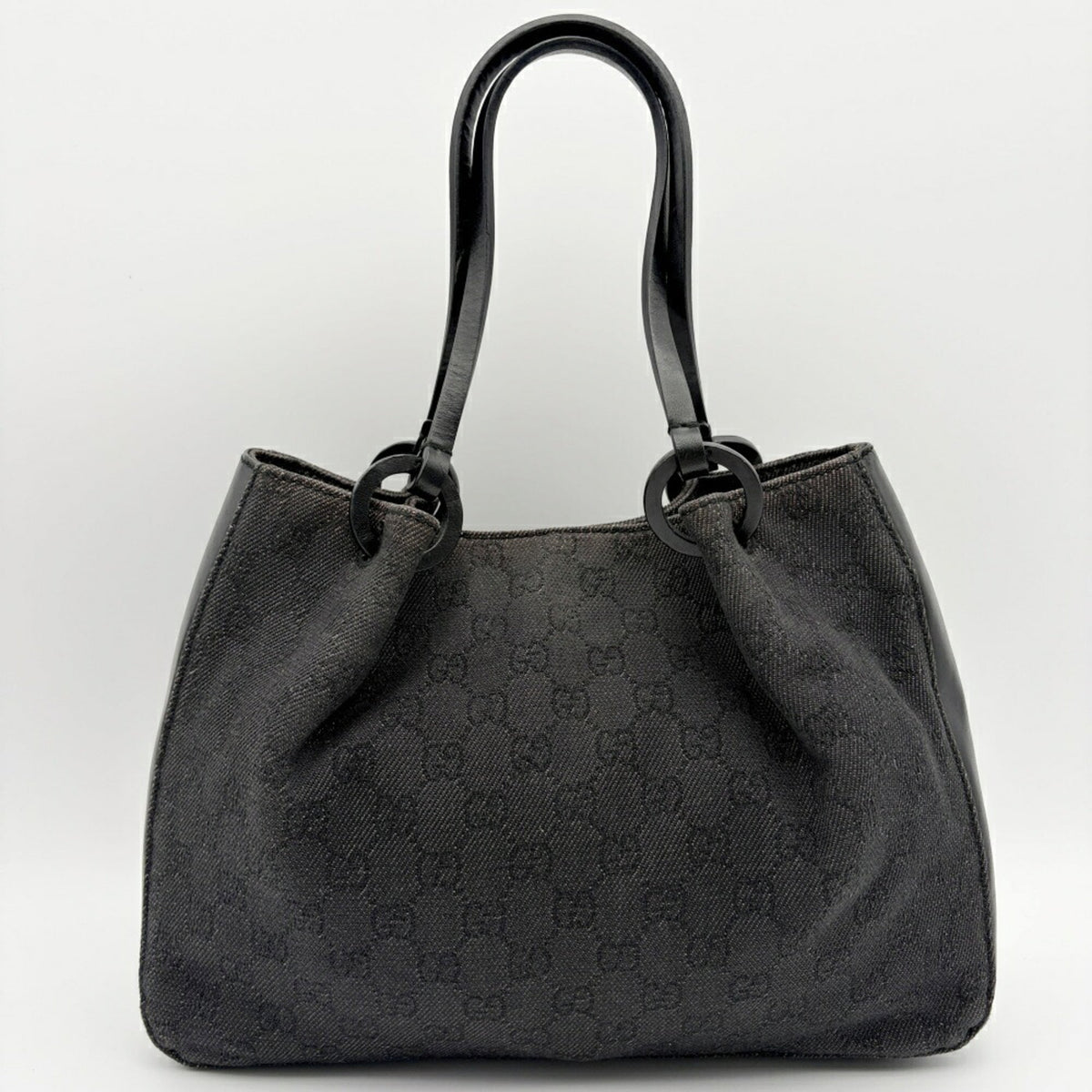 Gucci Black Gg Canvas Leather Handbag Tote Bag (Pre-Owned)