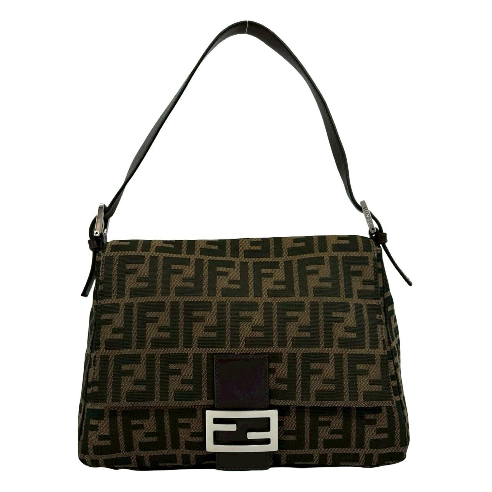 Fendi Black Brown Khaki Canvas Leather Handbag Shoulder Bag (Pre-Owned)