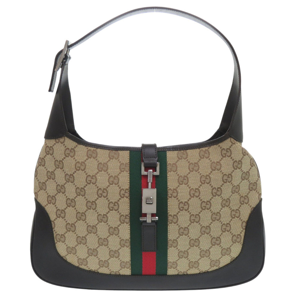 Gucci Beige Black Brown Gg Canvas Leather Shoulder Bag (Pre-Owned)