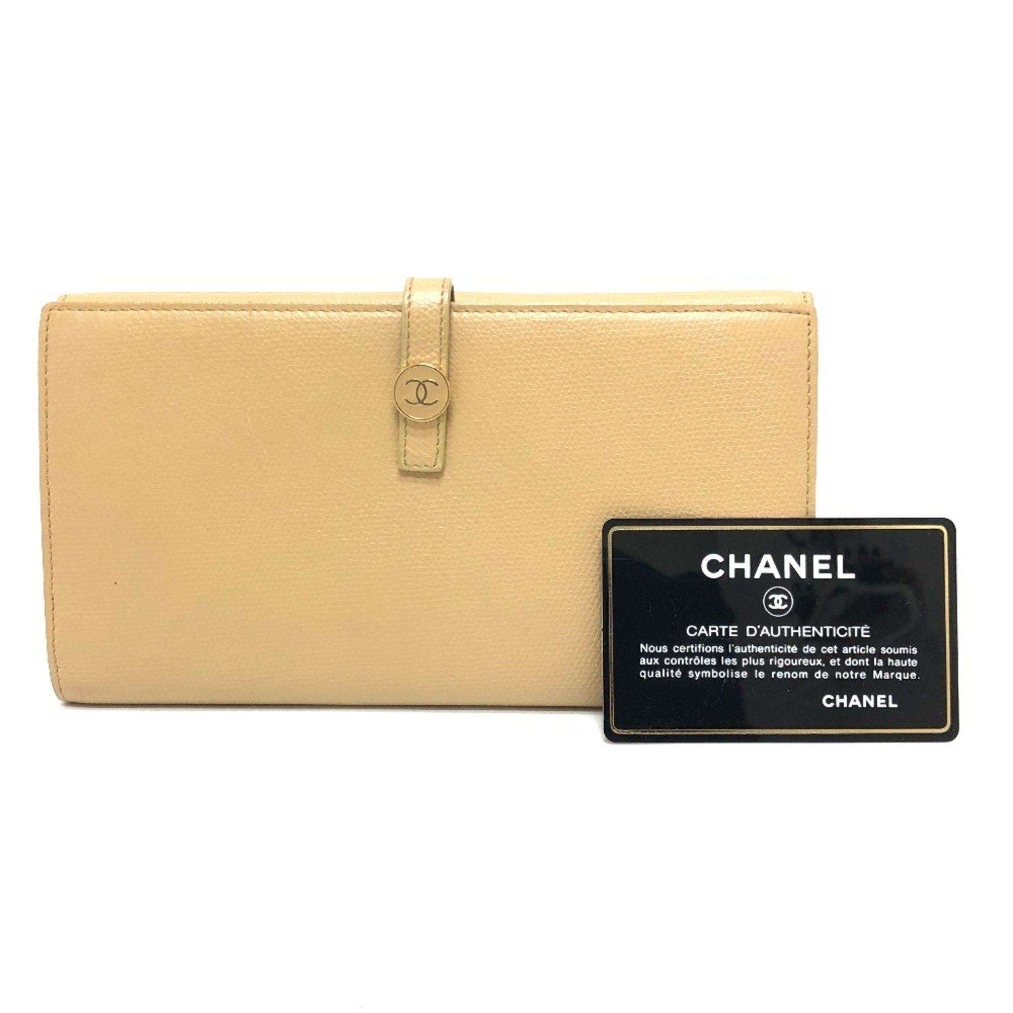 Chanel Beige Leather Long Wallet (Bi-Fold) (Pre-Owned)