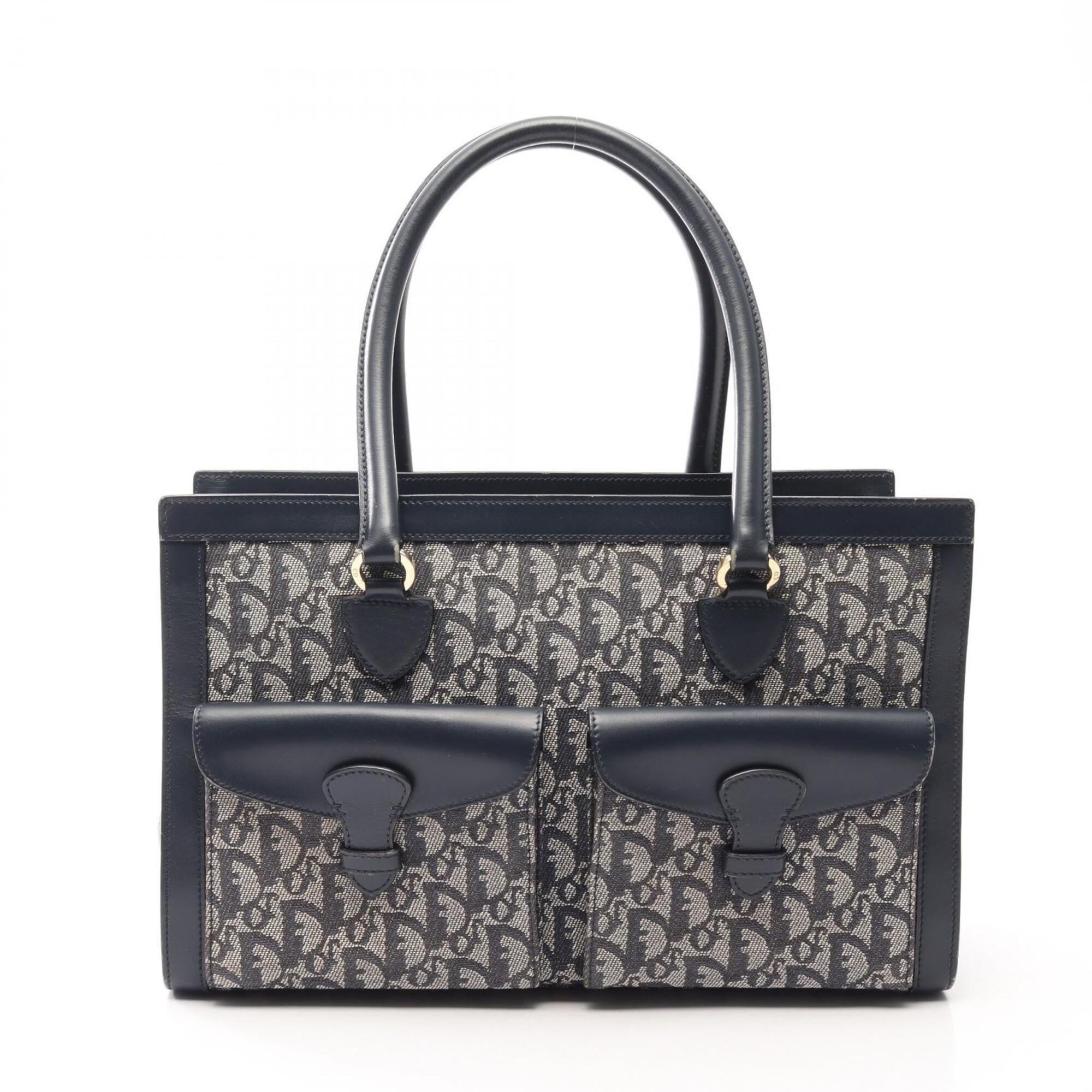 Christian Dior Black Ivory Navy Canvas Leather Handbag (Pre-Owned)