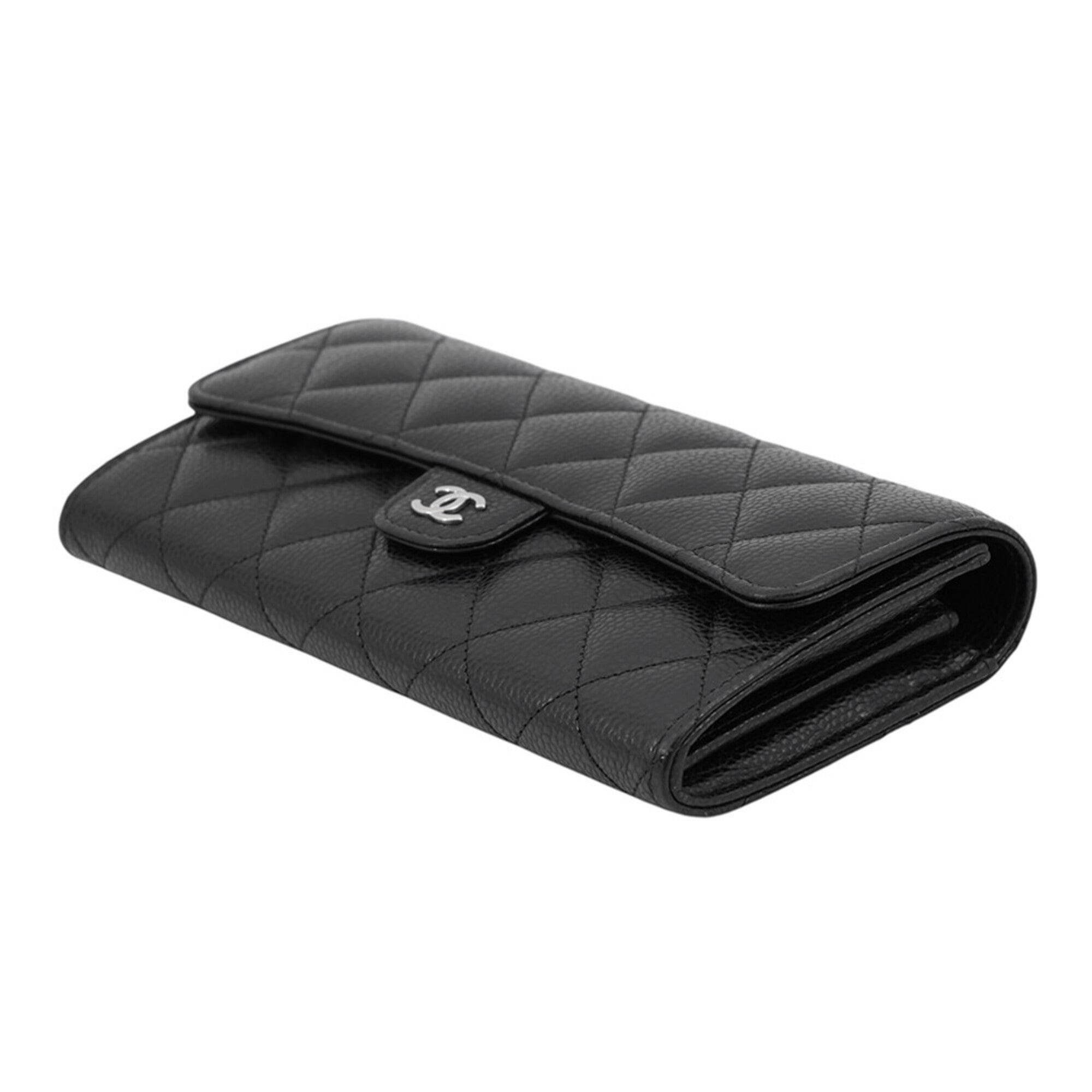 Chanel Black Grained Calfskin Long Wallet (Bi-Fold) (Pre-Owned)