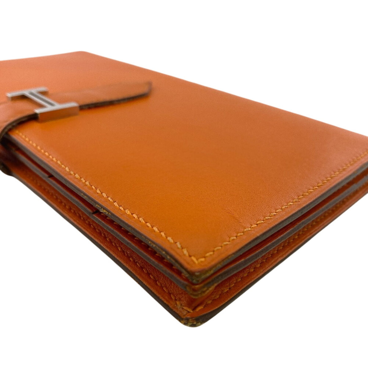 Hermes Orange Box Calf Leather Long Wallet (Bi-Fold) (Pre-Owned)