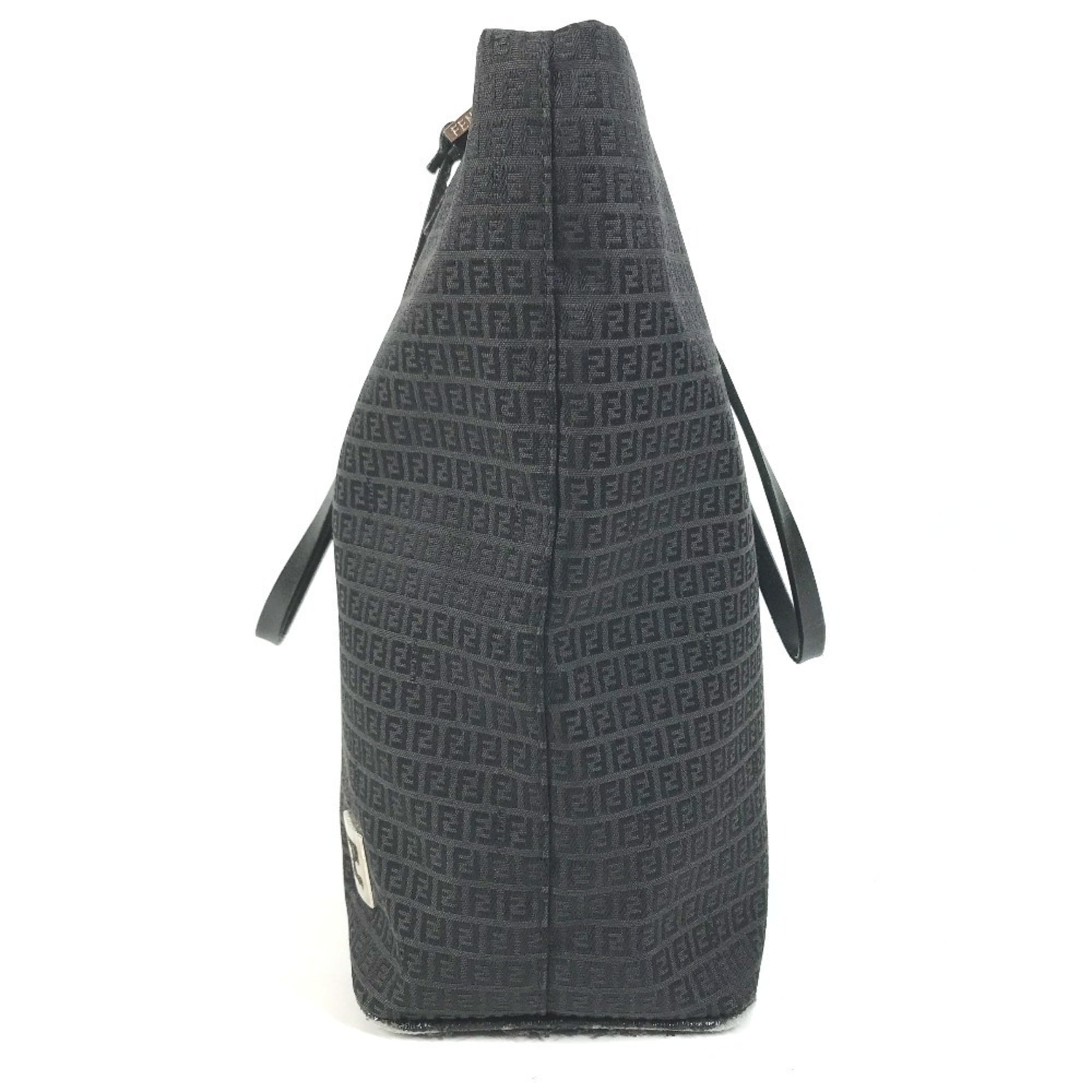 Fendi Zucchino Black Leather Canvas Shoulder Bag Tote Bag (Pre-Owned)