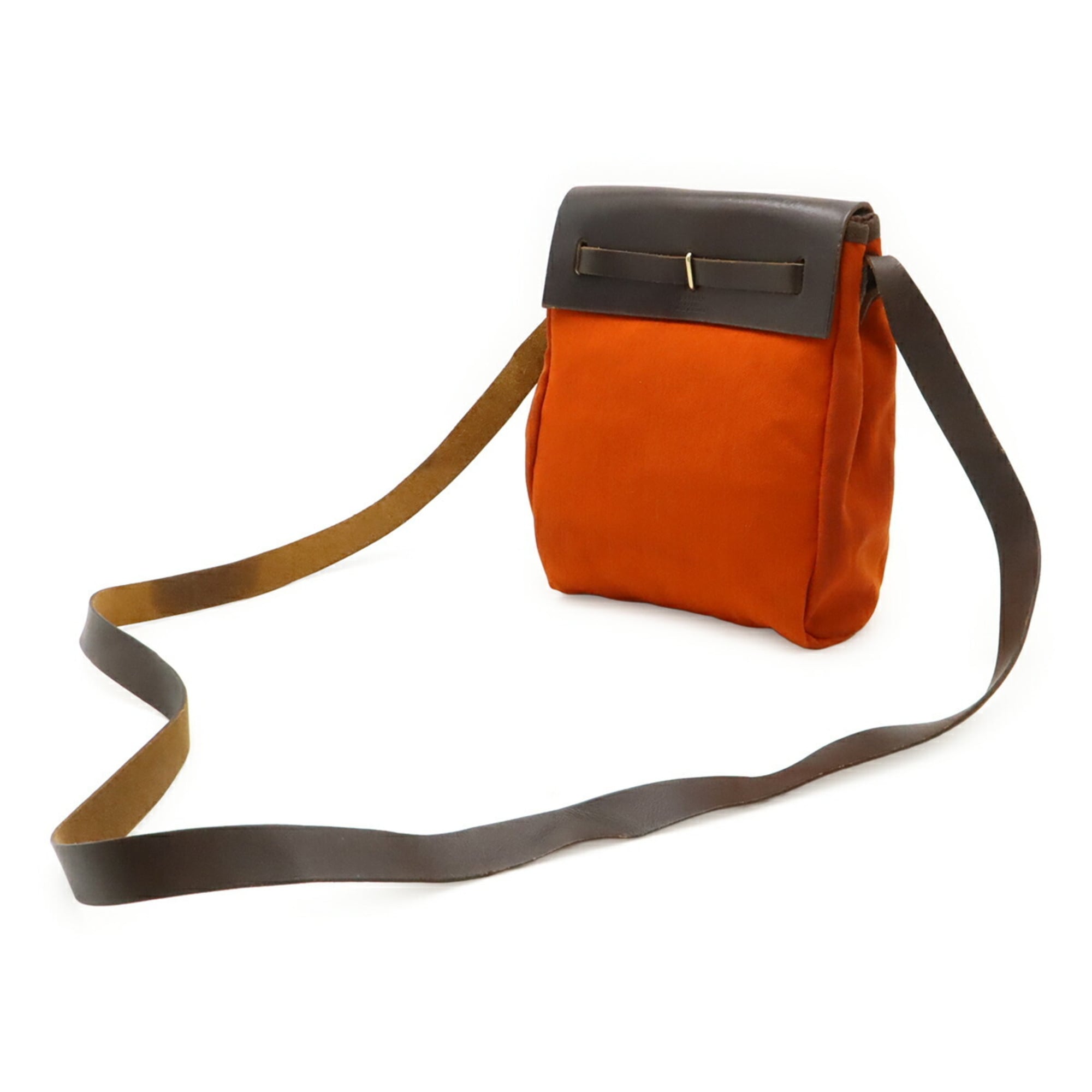 Hermes Her Bag Dark Brown Orange Toile Officier Leather Pochette Shoulder Bag (Pre-Owned)