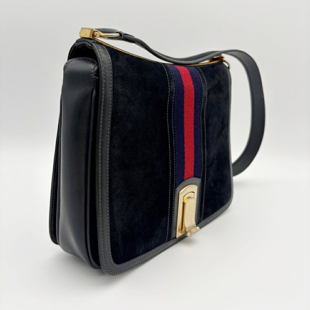 Gucci Sherry Line Navy Red Color Suede Leather Shoulder Bag (Pre-Owned)