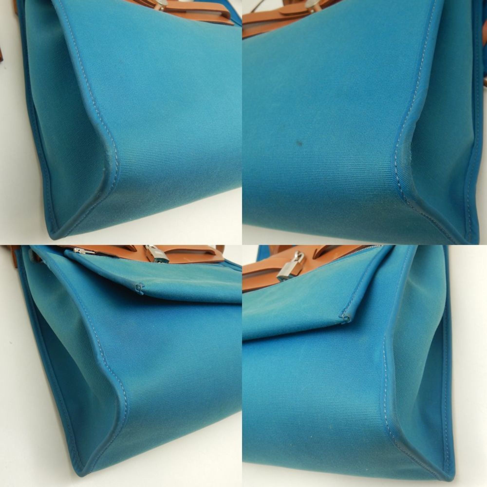 Hermes Her Bag Turquoise Blue Toile Officier Leather Handbag (Pre-Owned)