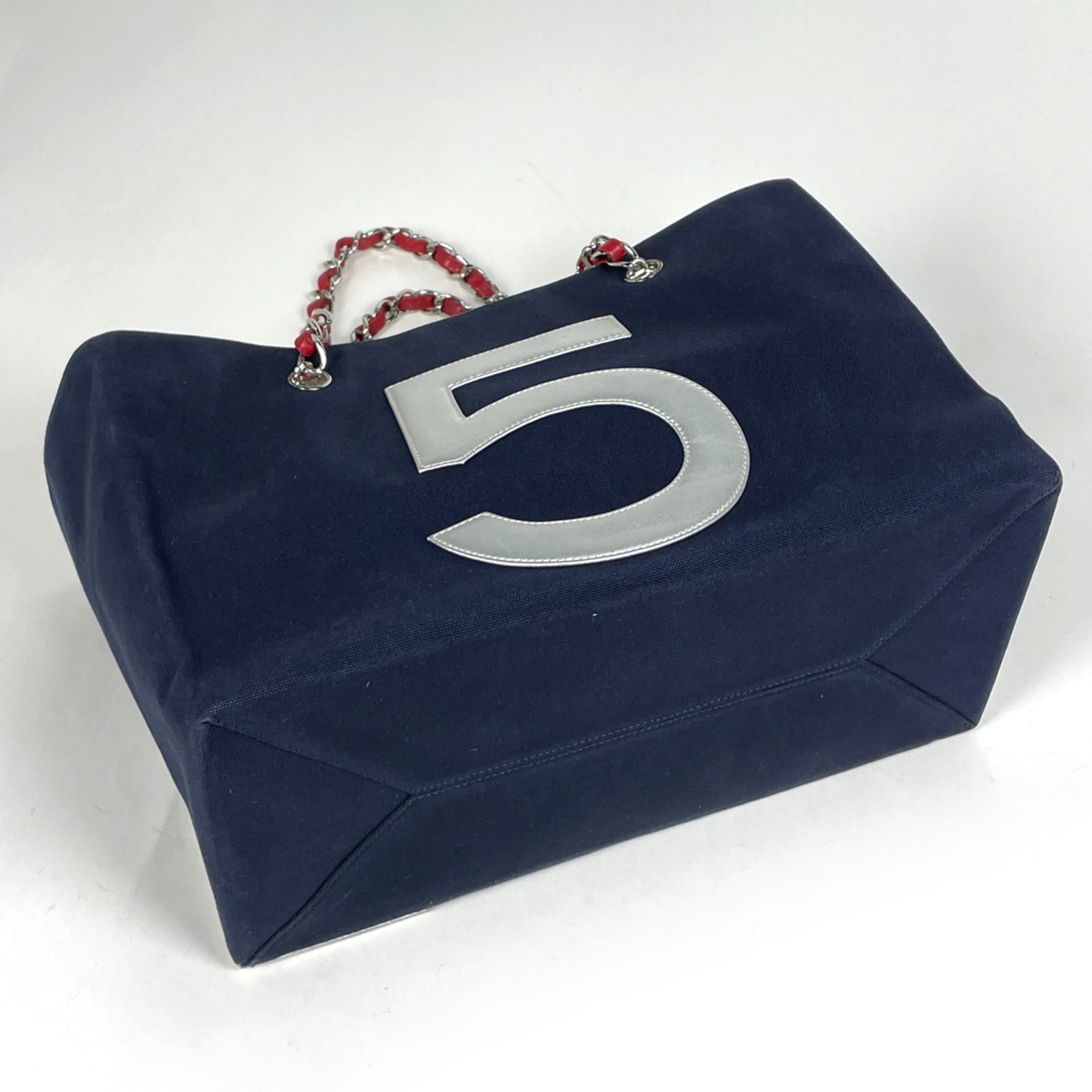 Chanel Navy Silver Canvas Leather Tote Bag (Pre-Owned)