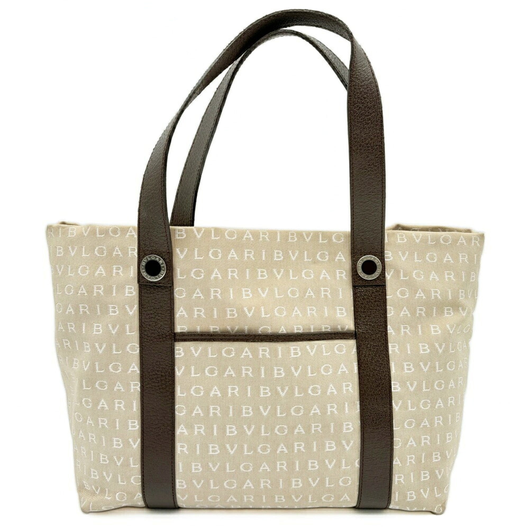 Bvlgari Beige Brown Canvas Leather Tote Bag (Pre-Owned)