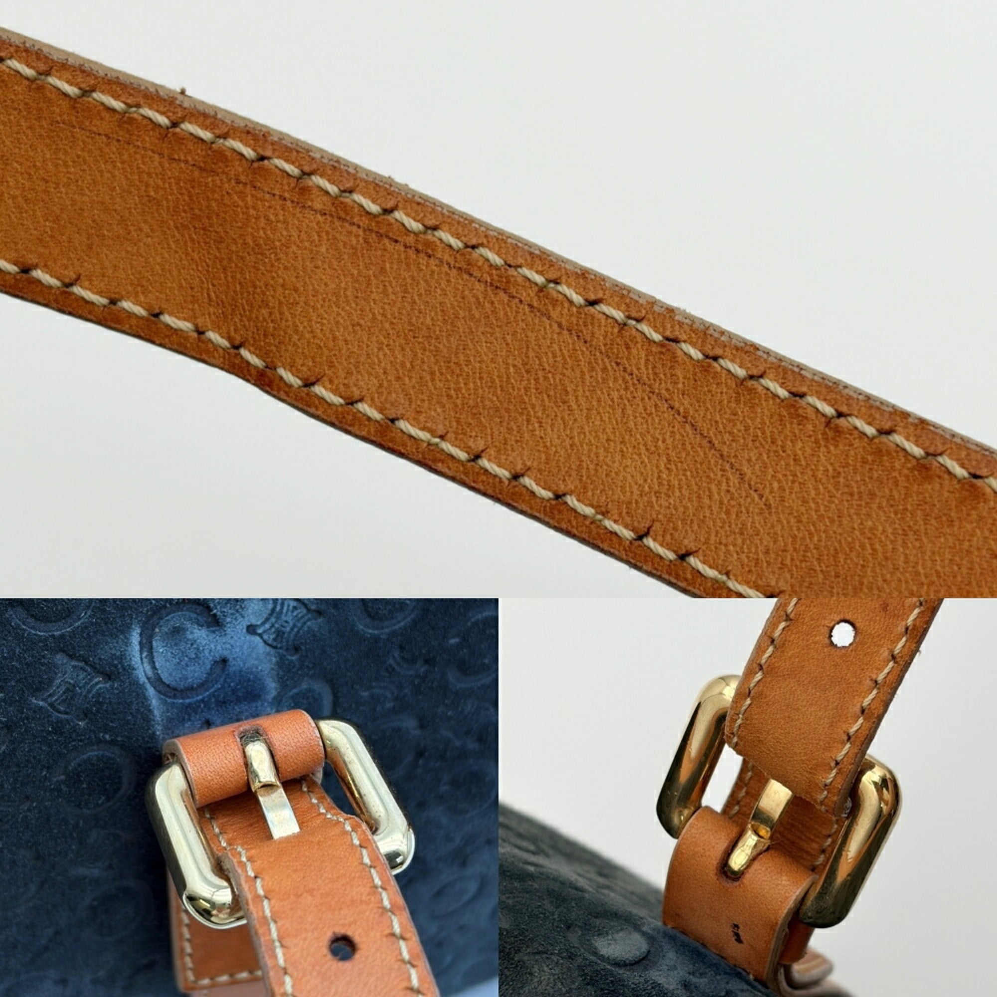 Celine Macadam Brown Navy Suede Leather Boston Bag (Pre-Owned)