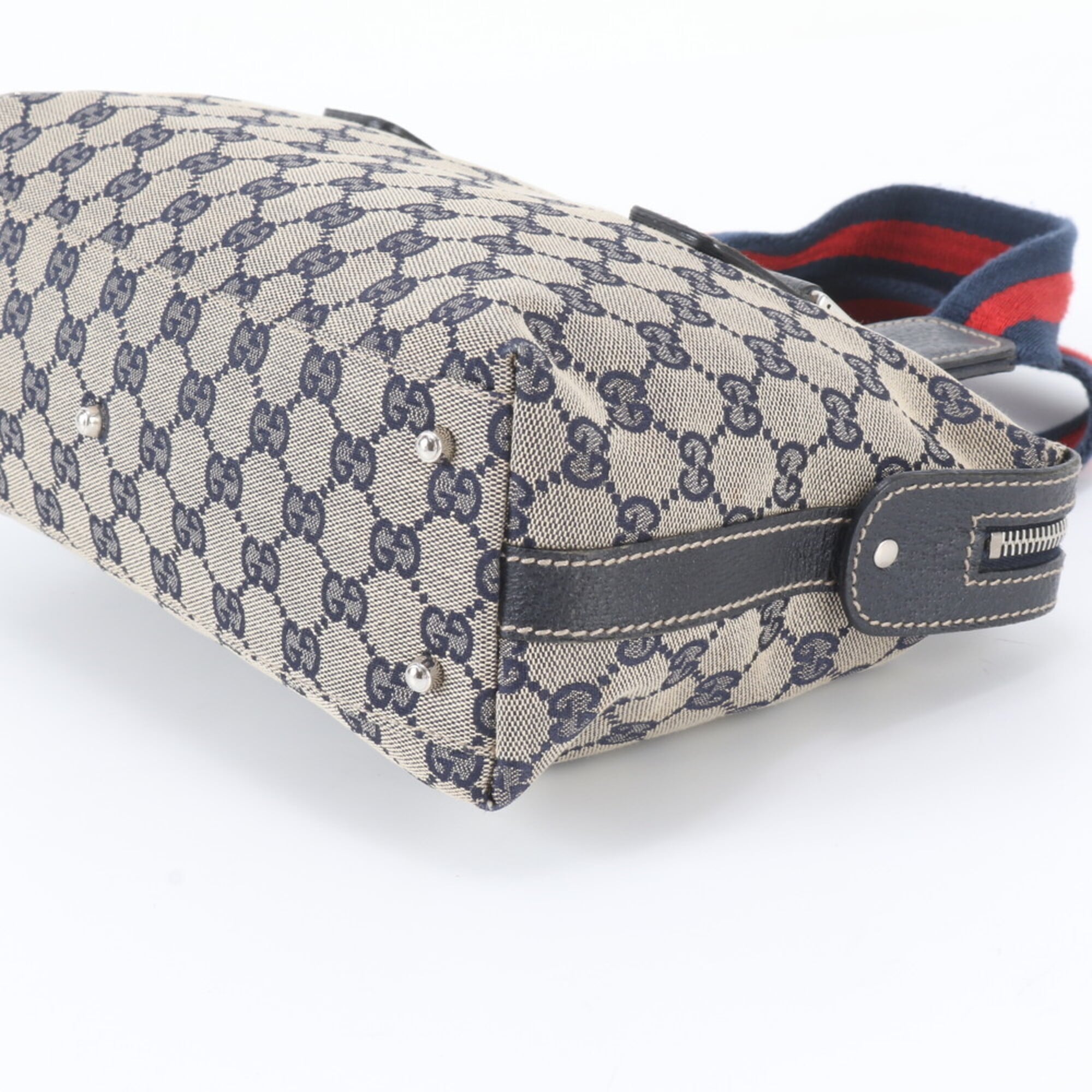 Gucci Gg Canvas Navy Gg Canvas Leather Handbag Shoulder Bag Tote Bag (Pre-Owned)