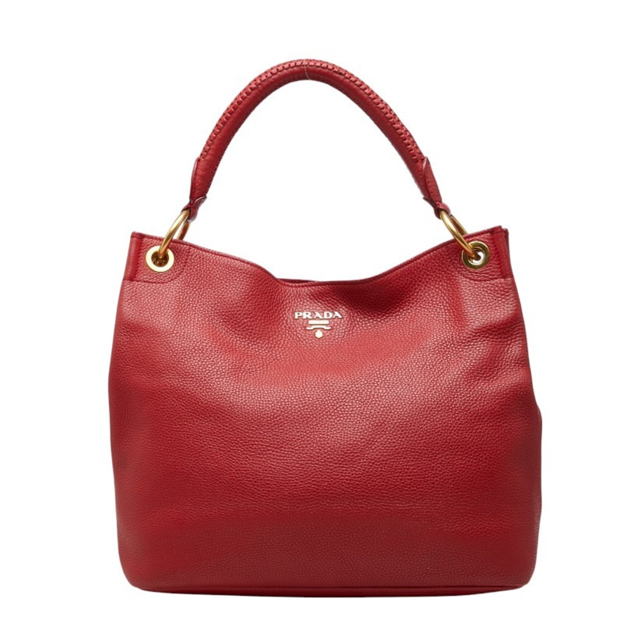 Prada Red Color Leather Shoulder Bag Tote Bag (Pre-Owned)