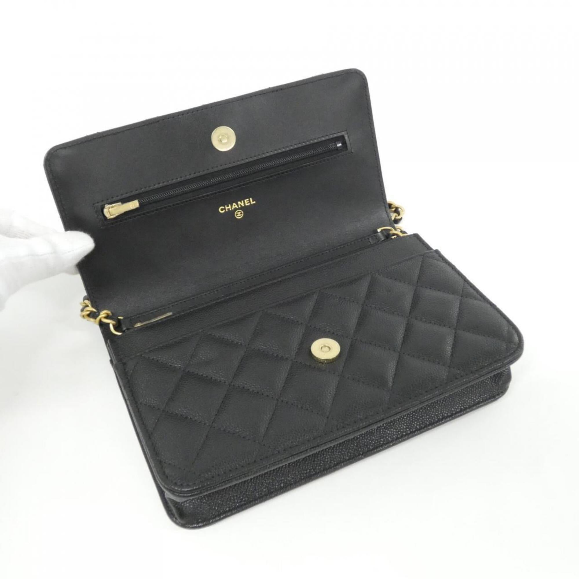 Chanel Black Grained Calfskin Chain/Shoulder Wallet (Pre-Owned)
