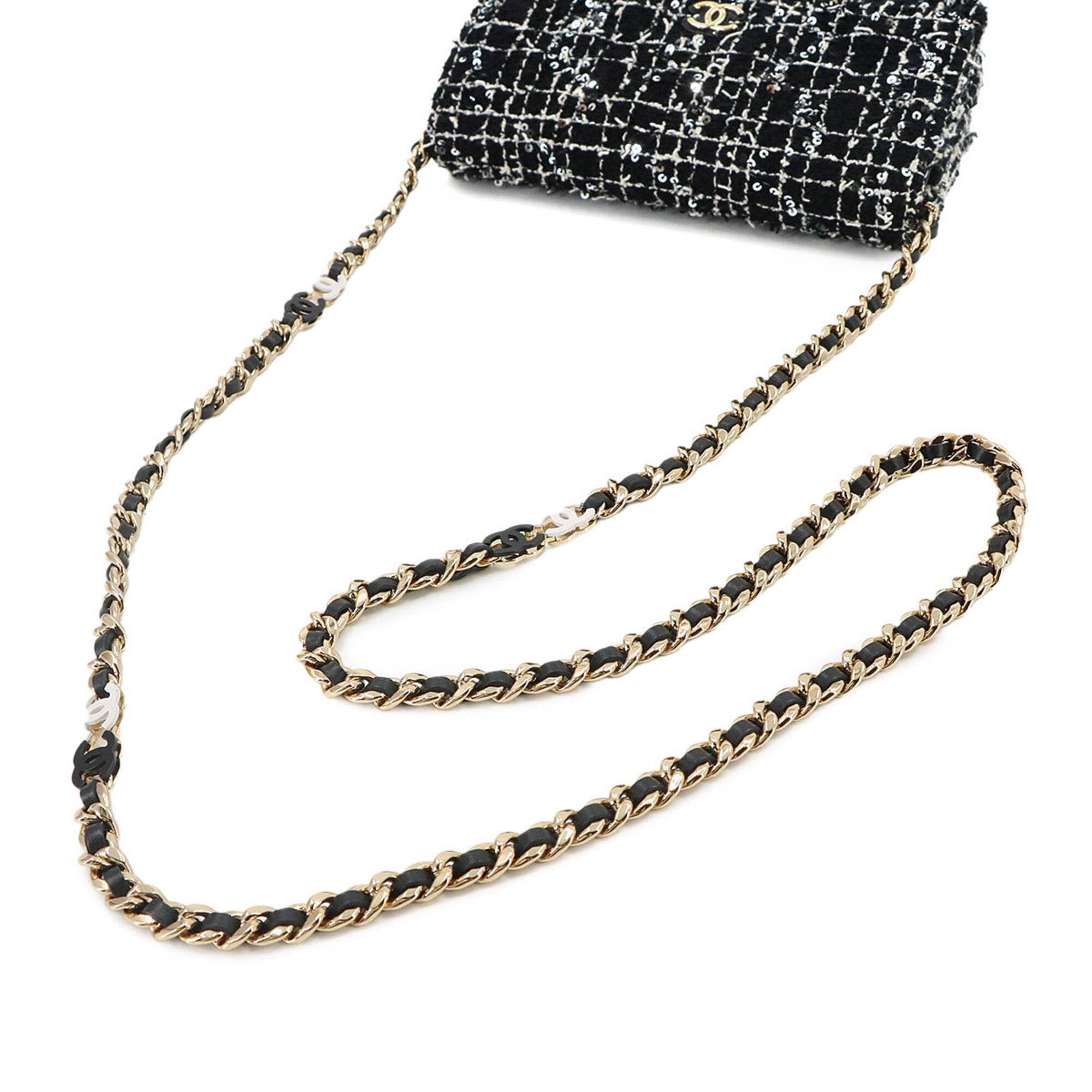 Chanel Matelasse Black White Tweed Leather Chain/Shoulder Wallet (Pre-Owned)