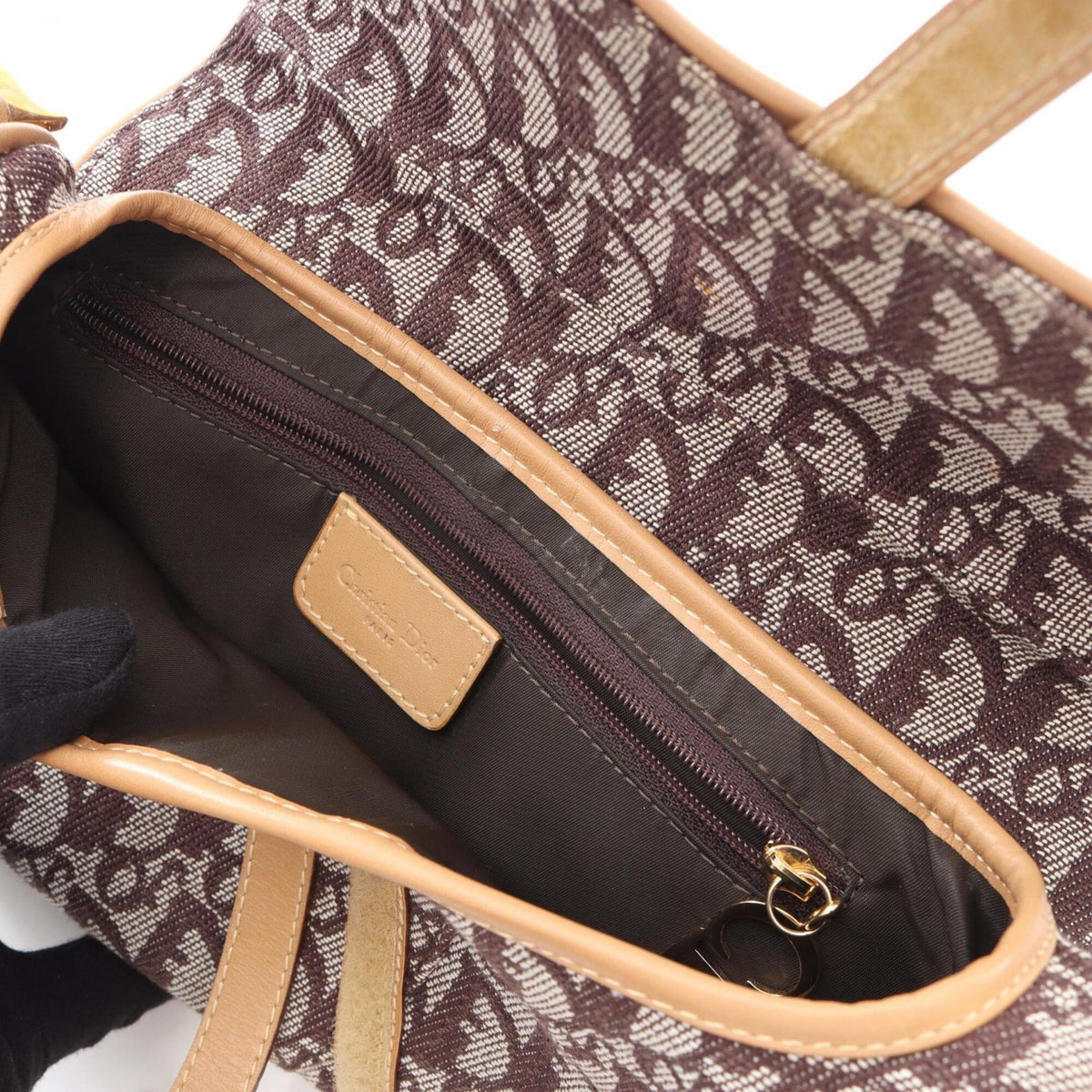 Christian Dior Trotter Beige Brown Canvas Leather Handbag Saddle Bag (Pre-Owned)