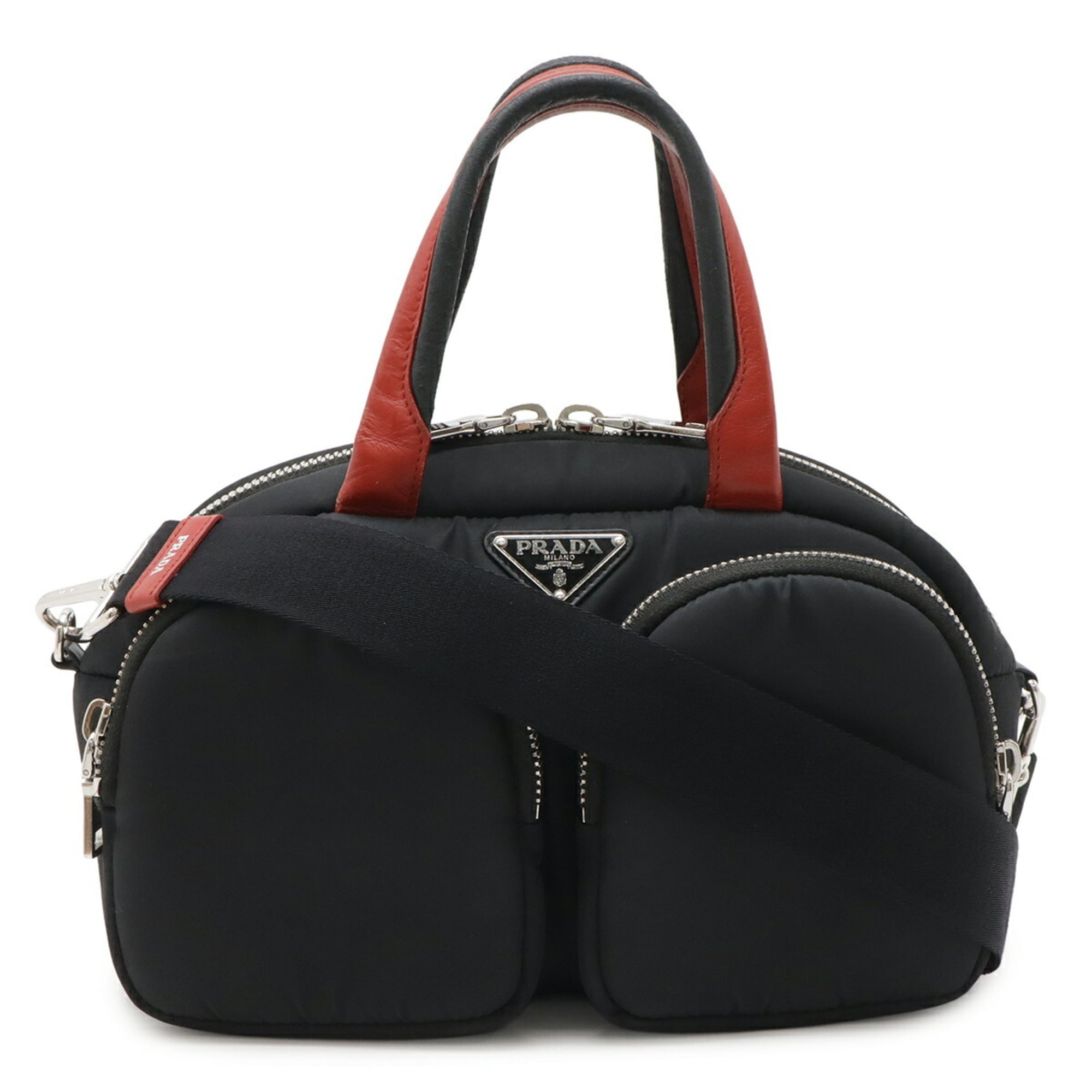 Prada Black Fuoco Nero Red Color Nylon Leather Handbag Shoulder Bag (Pre-Owned)