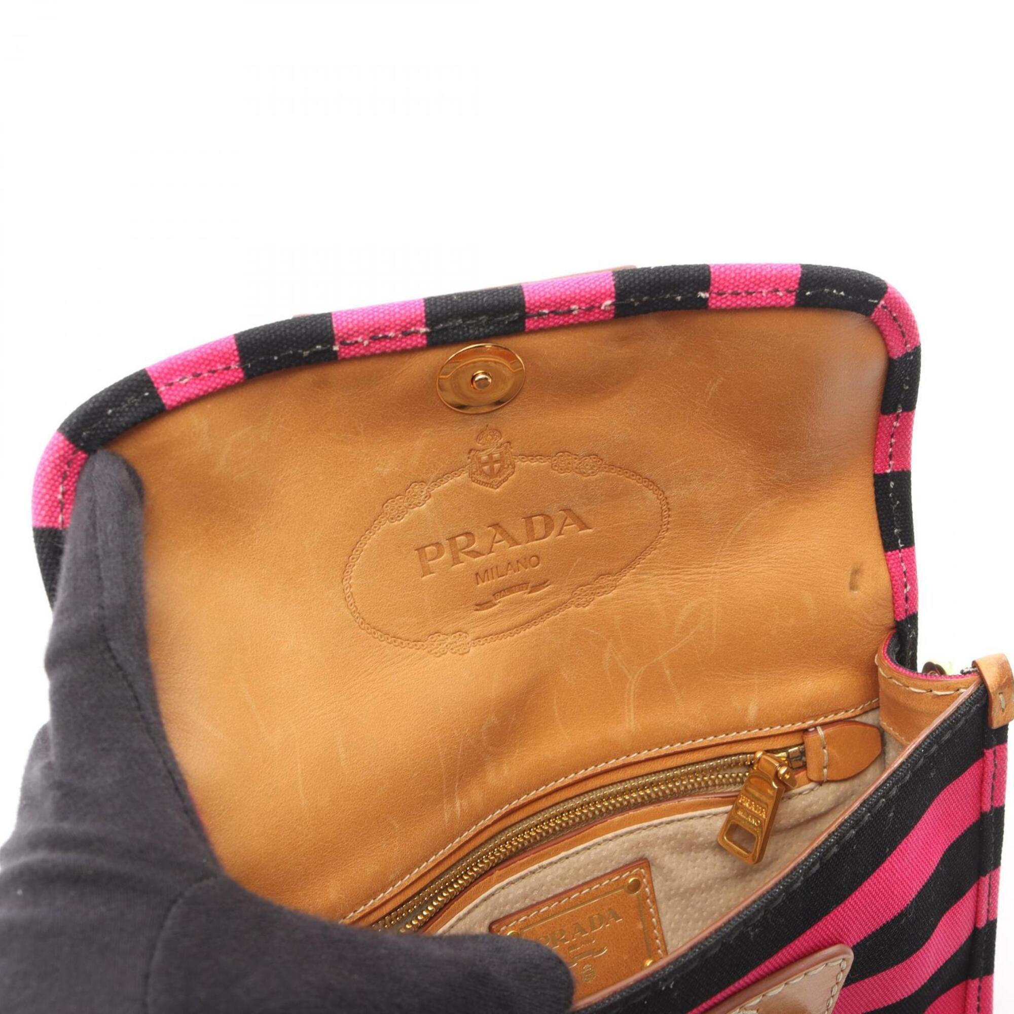 Prada Black Brown Pink Canvas Leather Handbag Shoulder Bag (Pre-Owned)