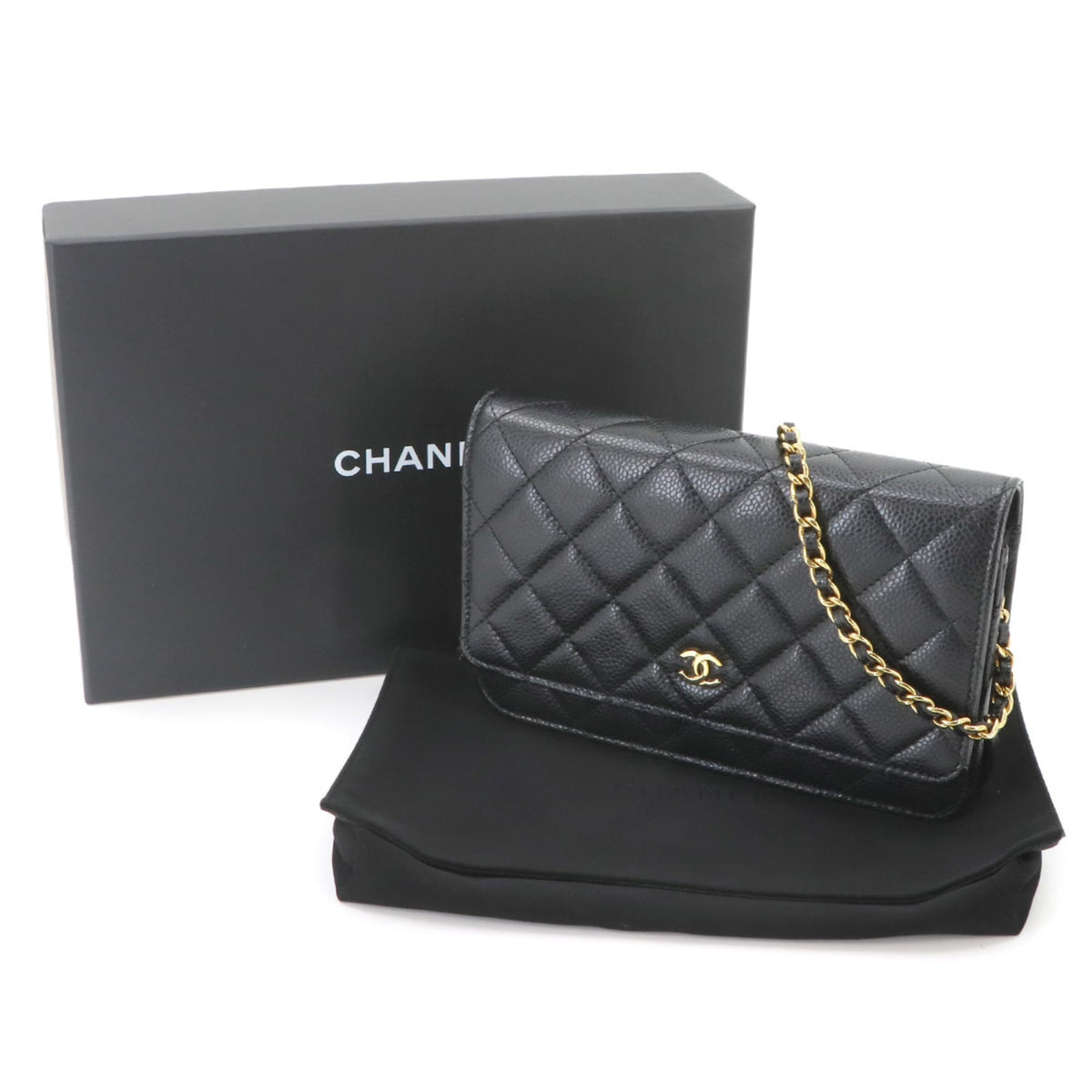 Chanel Matelasse Black Grained Calfskin Chain/Shoulder Wallet (Pre-Owned)