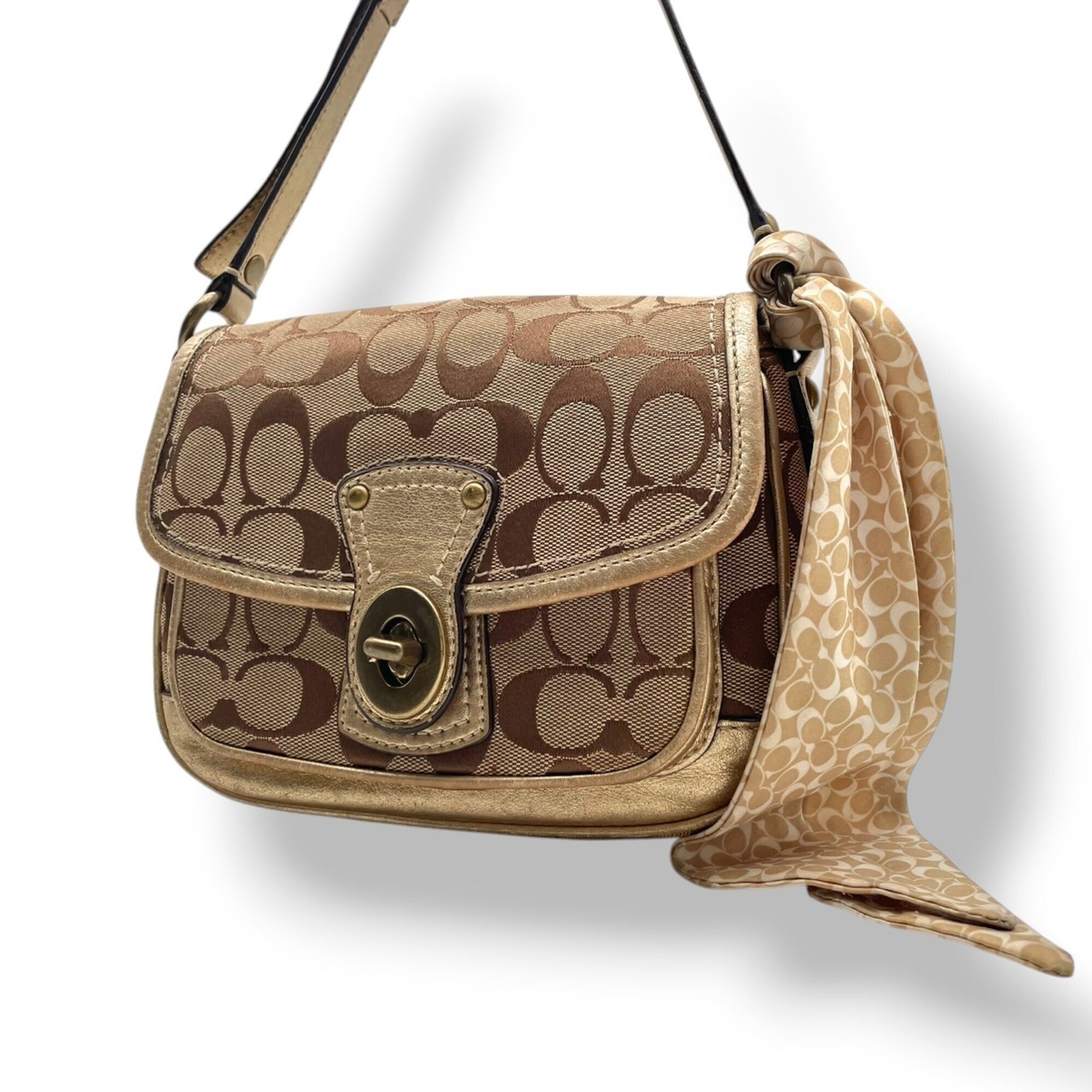 Coach Beige Gold Canvas Leather Pochette Shoulder Bag (Pre-Owned)