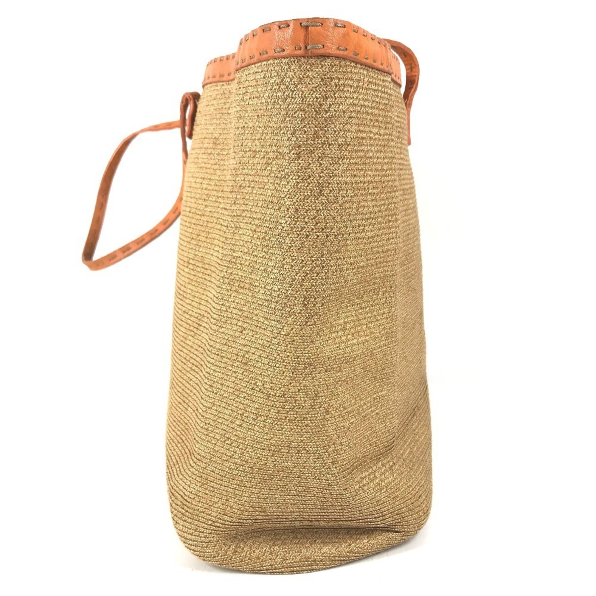 Fendi Beige Orange Raffia Leather Beach Bag Shoulder Bag Tote Bag (Pre-Owned)