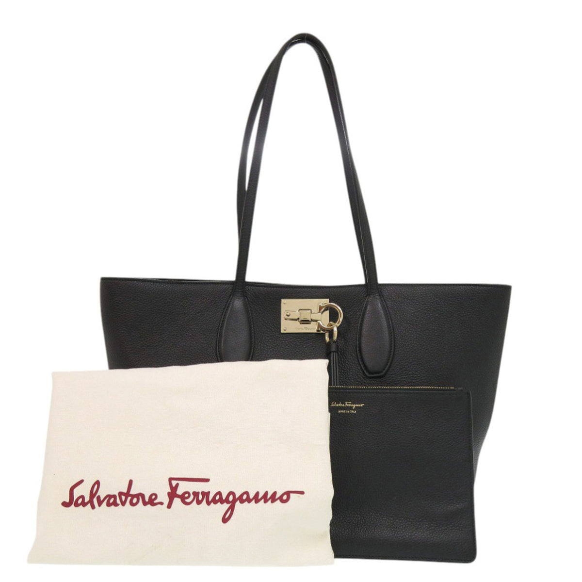 Salvatore Ferragamo Gancini Black Leather Tote Bag (Pre-Owned)